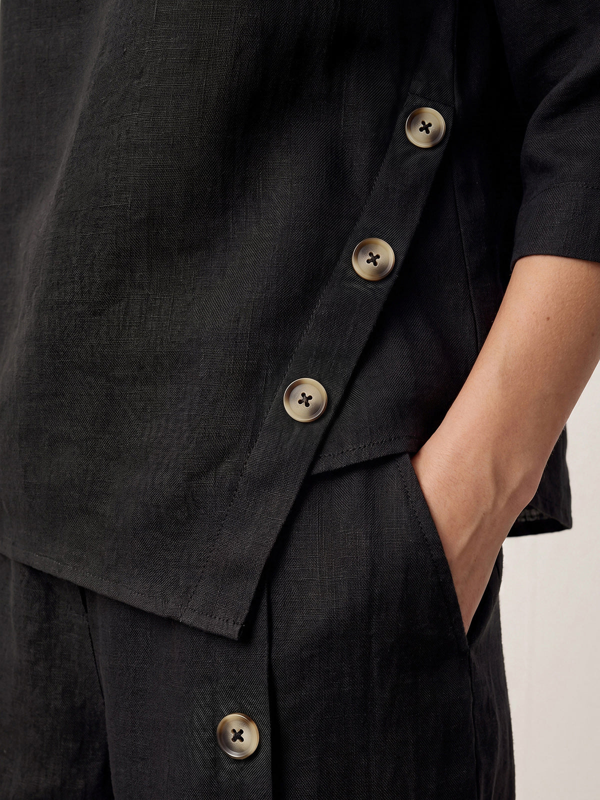 100% Linen Asymmetric-Hem Button-Trim Top NYLA - Image 13