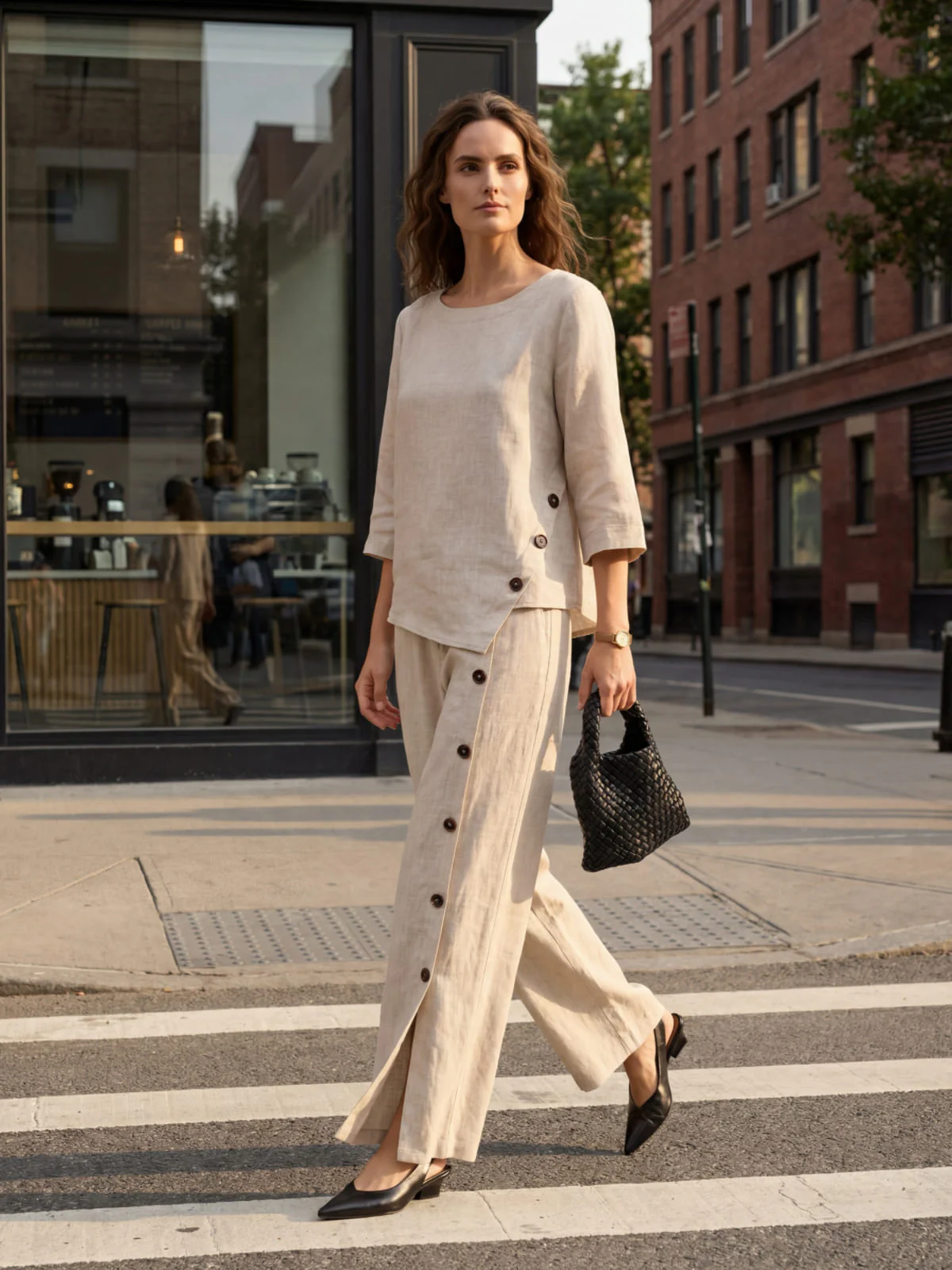 100% Linen Asymmetric-Hem Button-Trim Top NYLA - Image 2