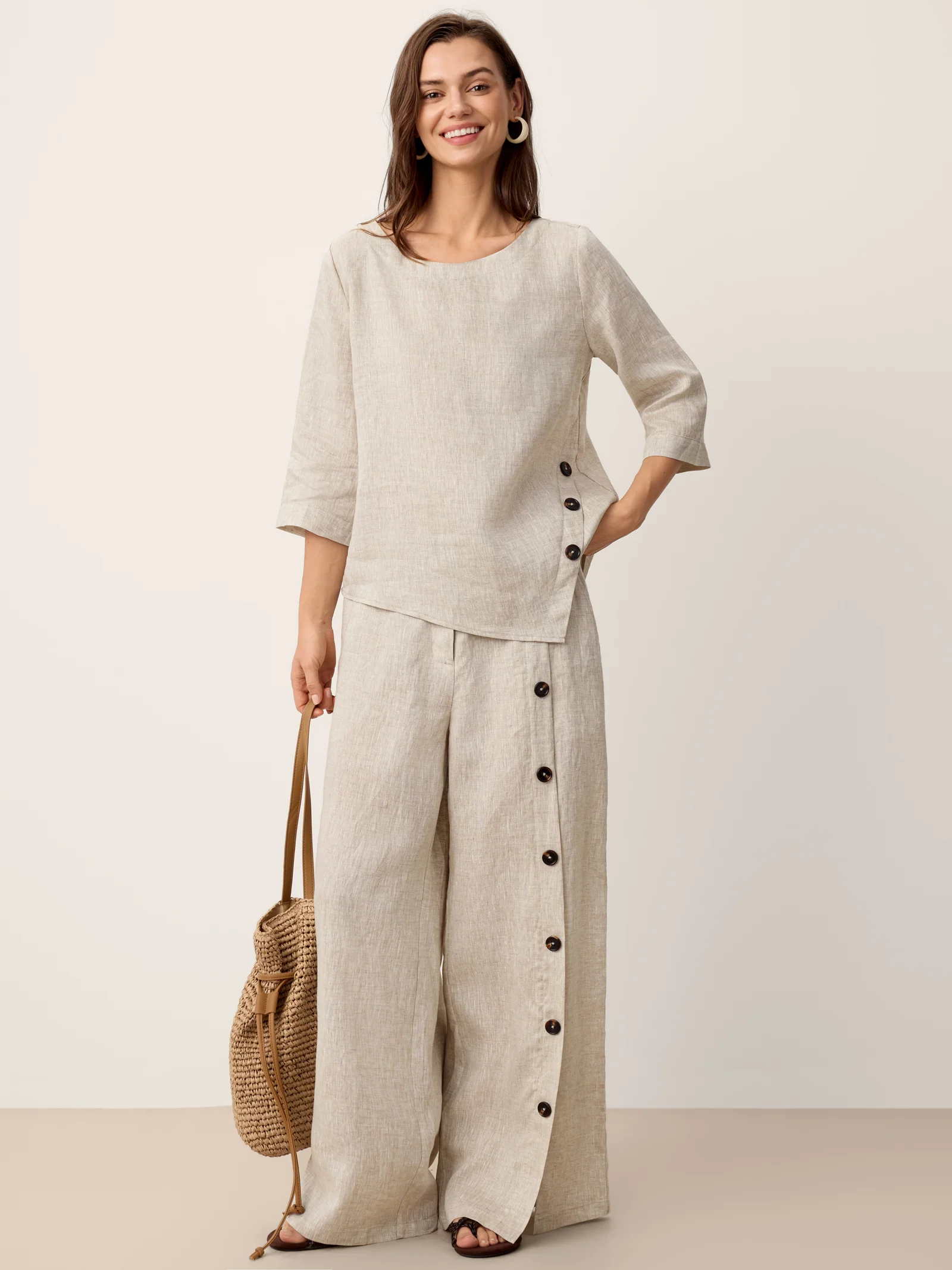 100% Linen Asymmetric-Hem Button-Trim Top NYLA - Image 8