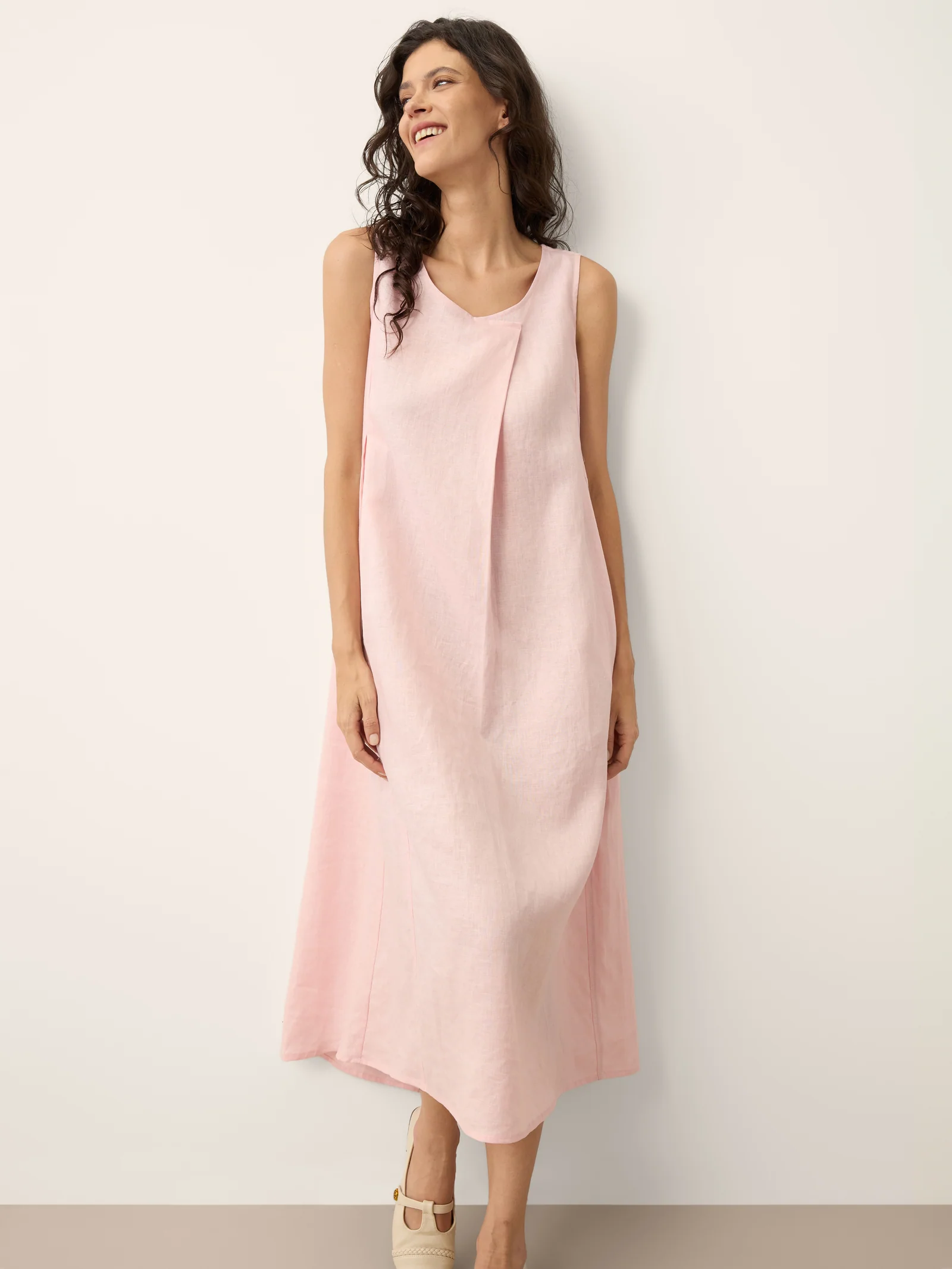100% Linen Asymmetric Pleat A-Line Midi Dress KARINA - Image 6