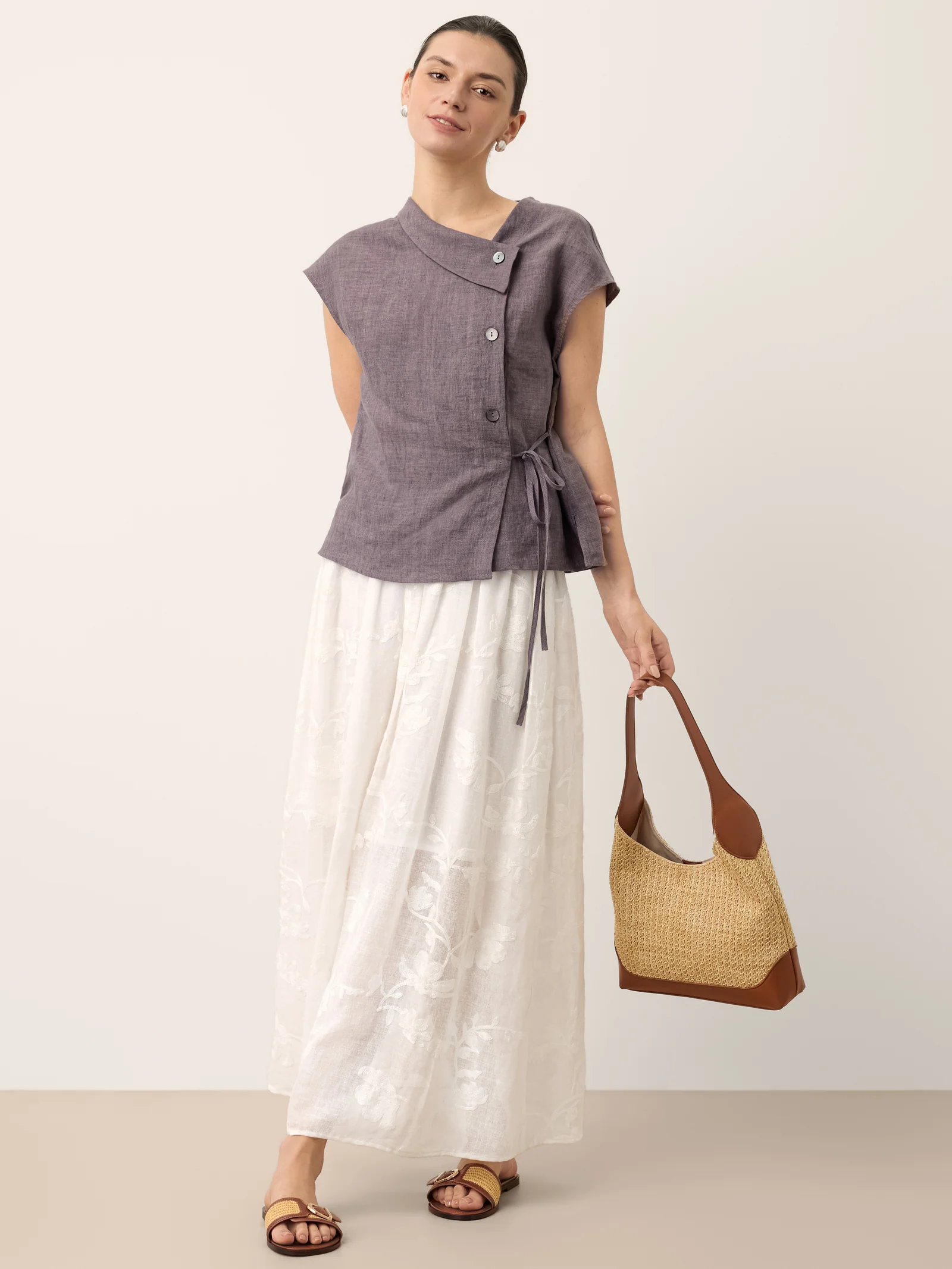 100% Linen Asymmetric Wrap Tie Waist Top GRETCHEN - Image 10