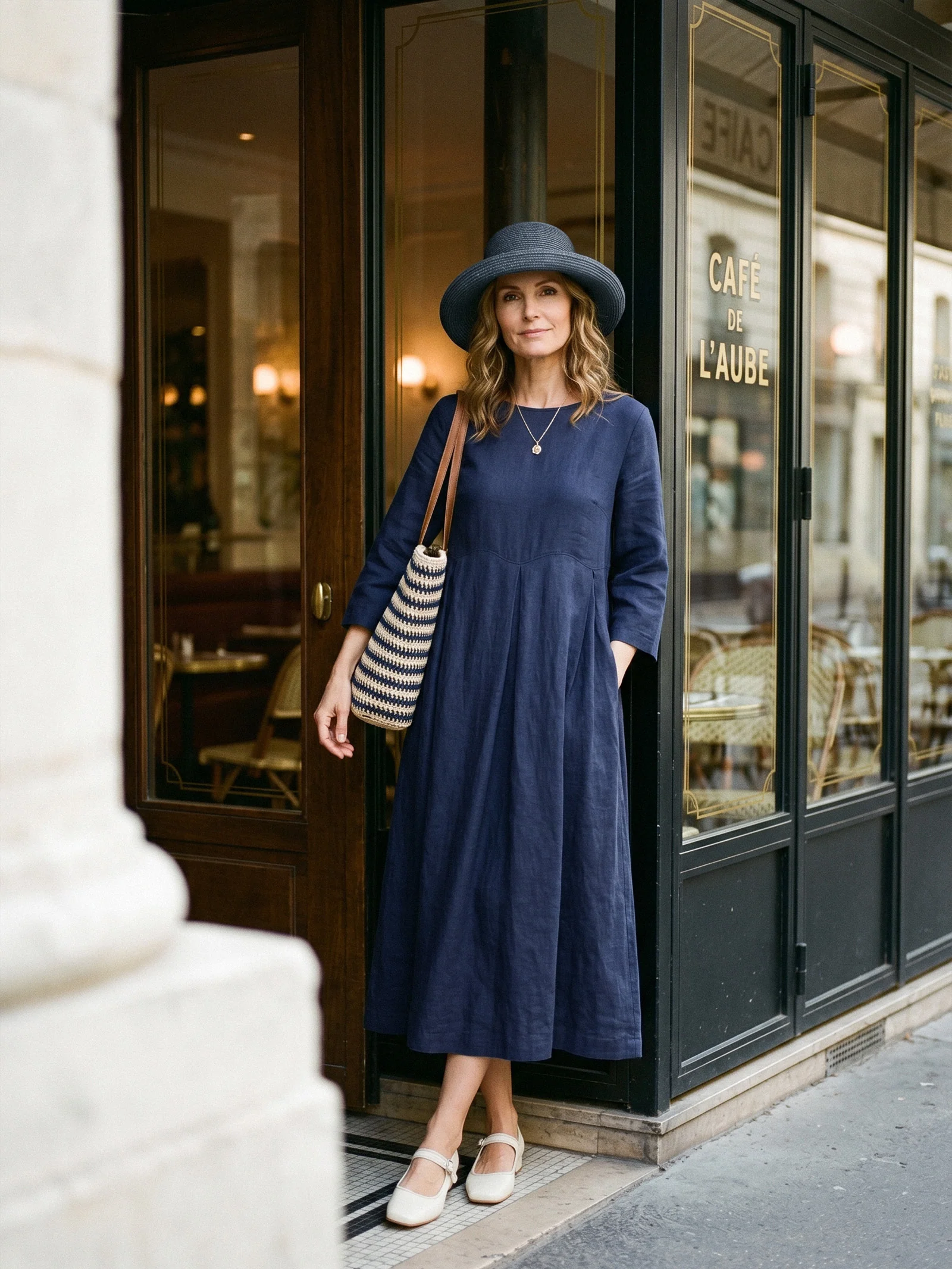 100% Linen Bateau Neck Pleated Midi Dress - Image 2