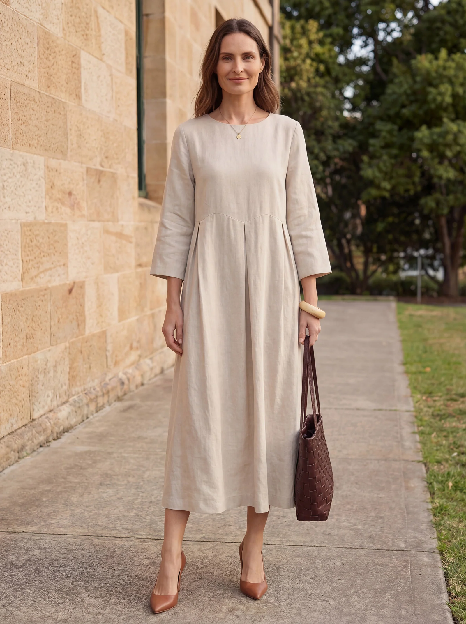 100% Linen Bateau Neck Pleated Midi Dress ABIGAIL - Image 13