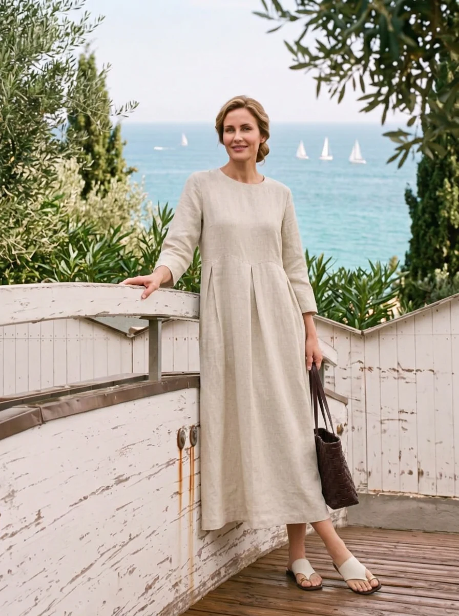 100% Linen Bateau Neck Pleated Midi Dress ABIGAIL - Image 3