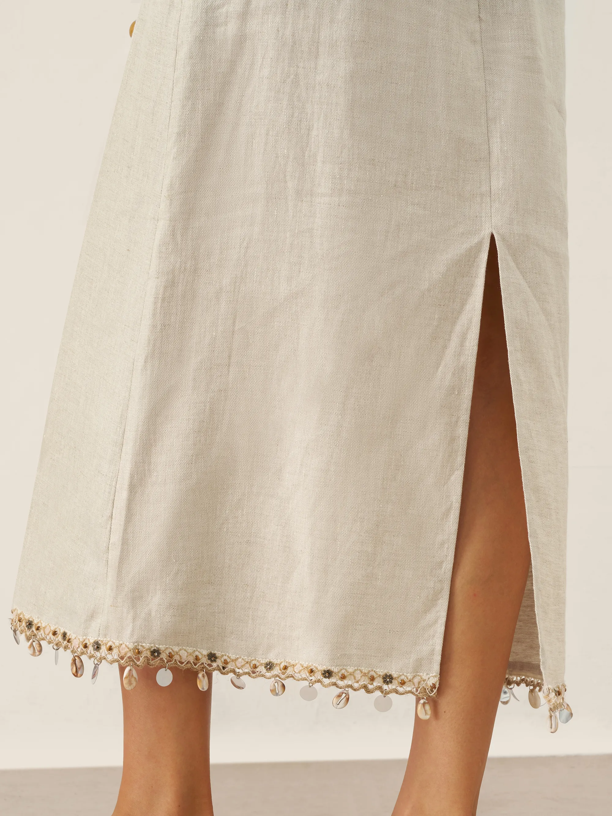 100% Linen Beaded Crew Neck Midi Dress with Belt BELLA - Image 11