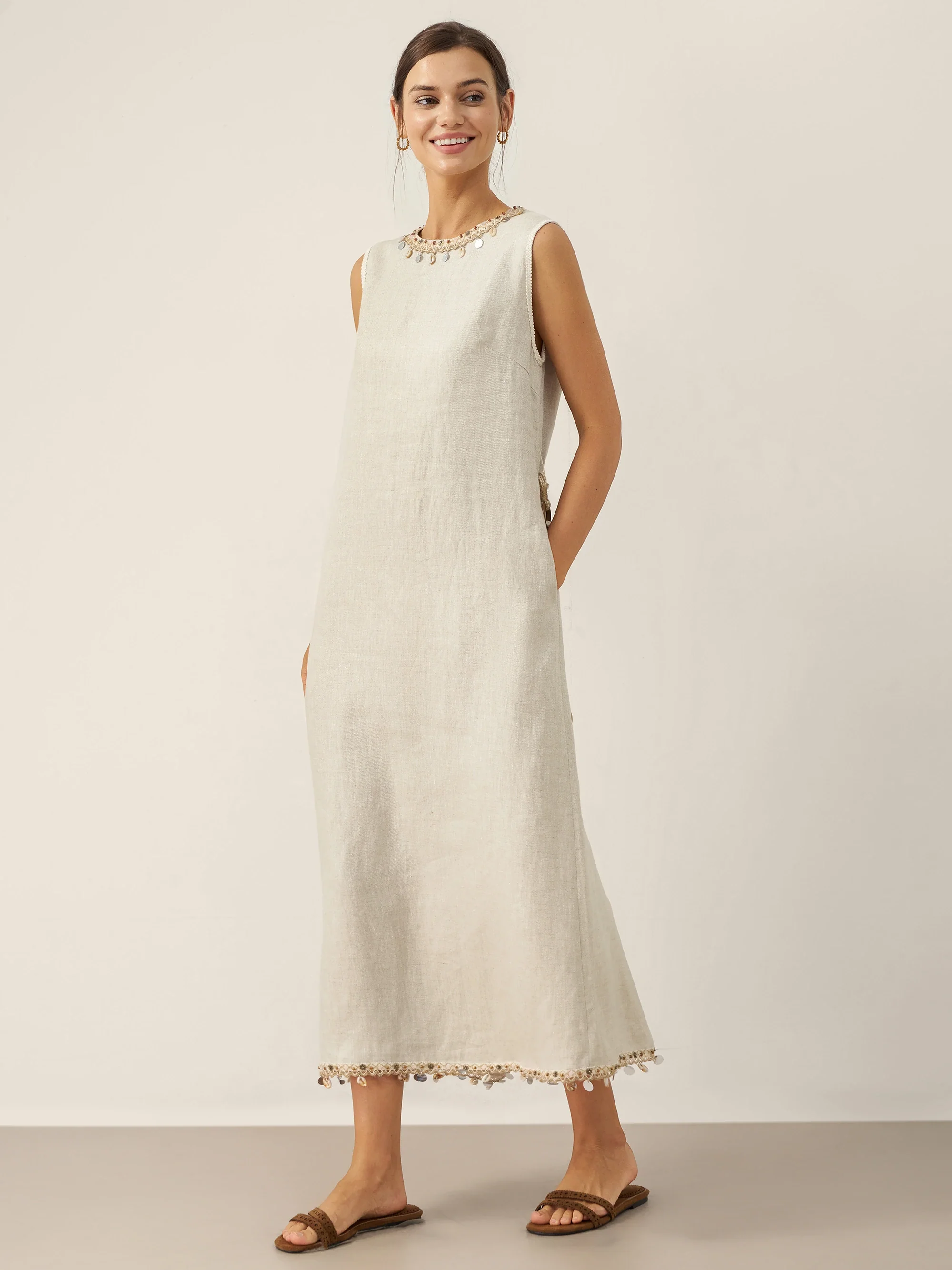 100% Linen Beaded Crew Neck Midi Dress with Belt BELLA - Image 5