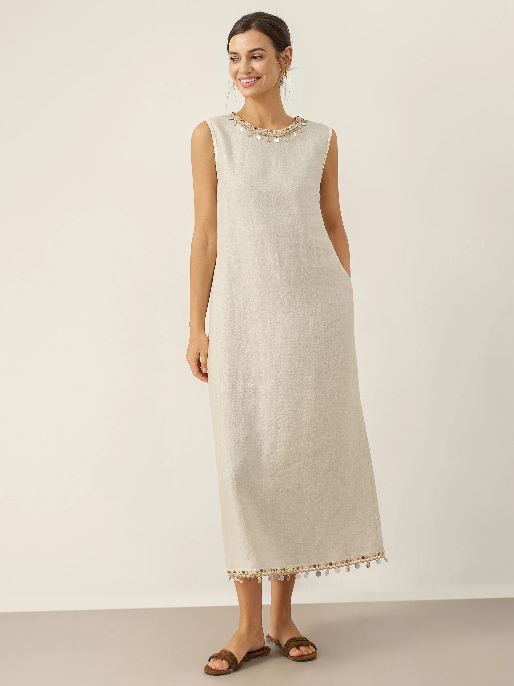 100% Linen Beaded Crew Neck Midi Dress with Belt BELLA - Image 6