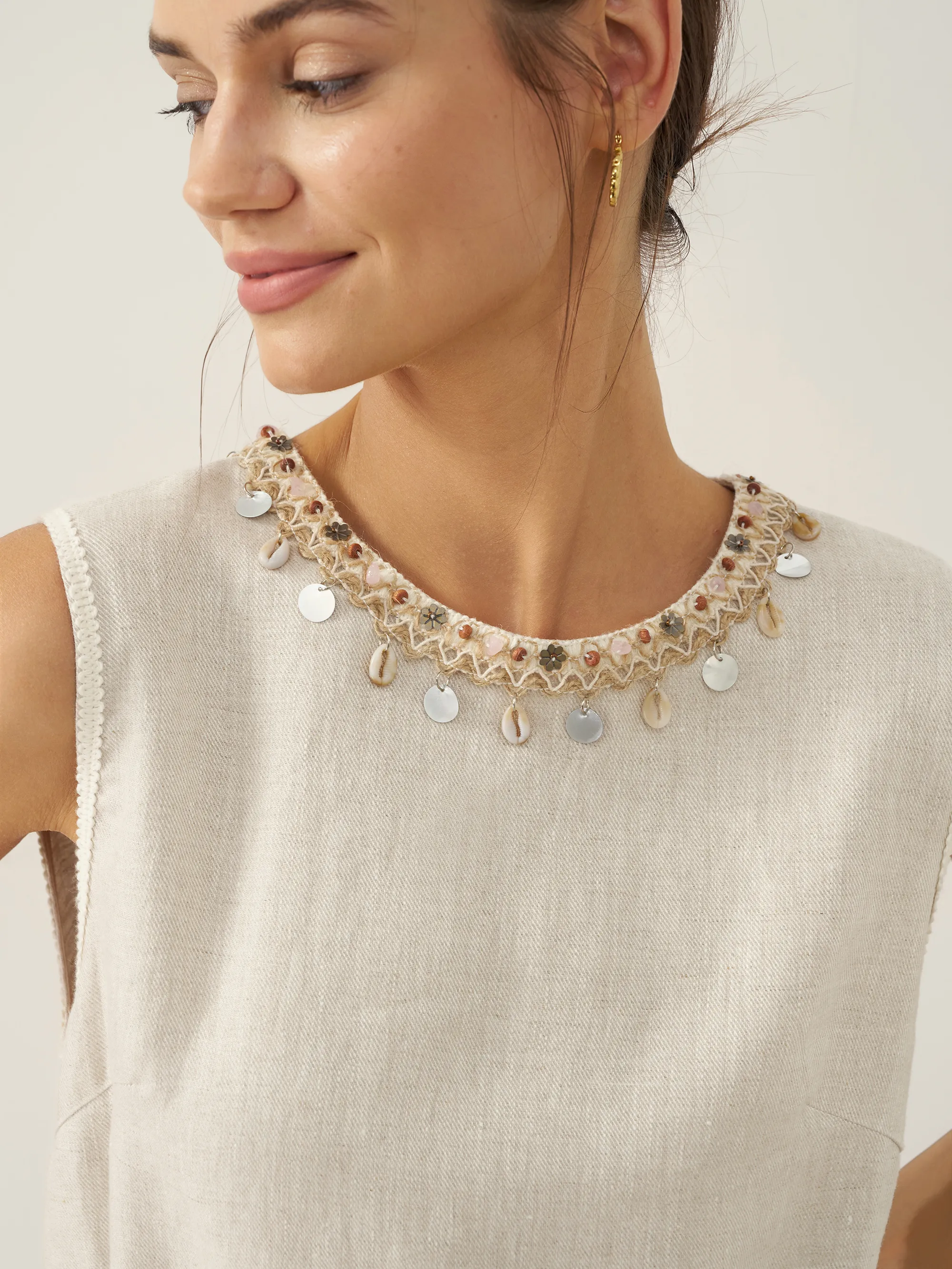 100% Linen Beaded Crew Neck Midi Dress with Belt BELLA - Image 8