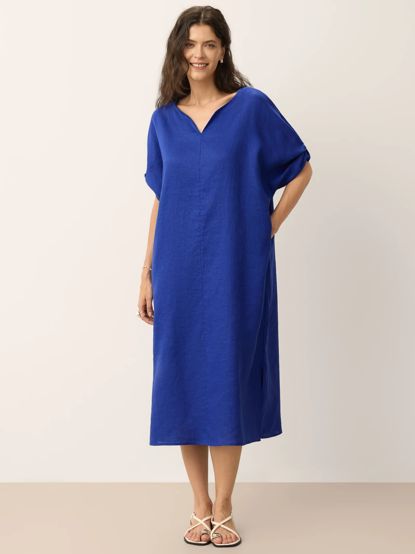100% Linen Bow-Tie Cuff Split-Hem Midi Dress JESSAMINE