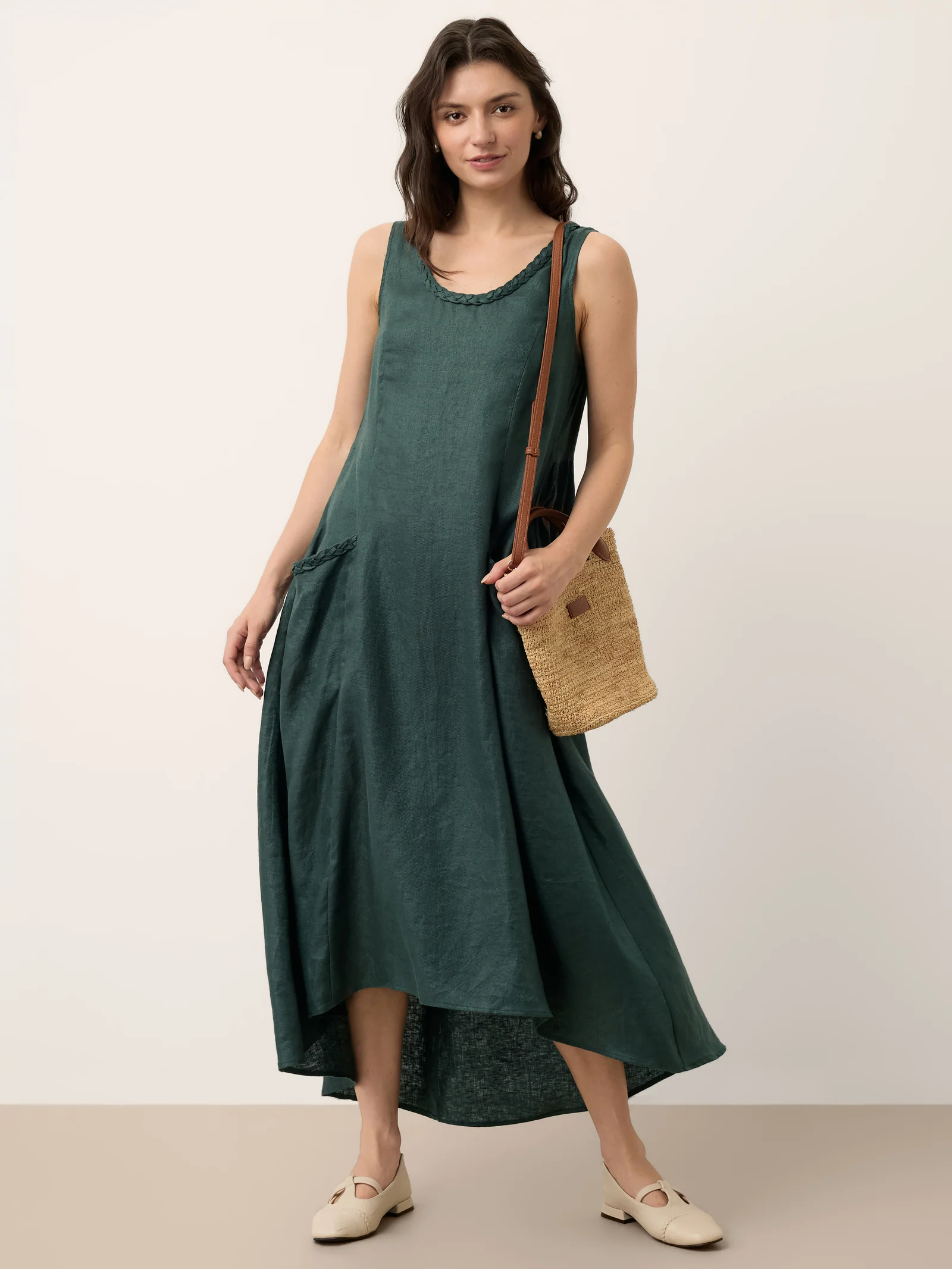 100% Linen Braided Neck Handkerchief Hem Maxi Dress CARISSA - Image 10
