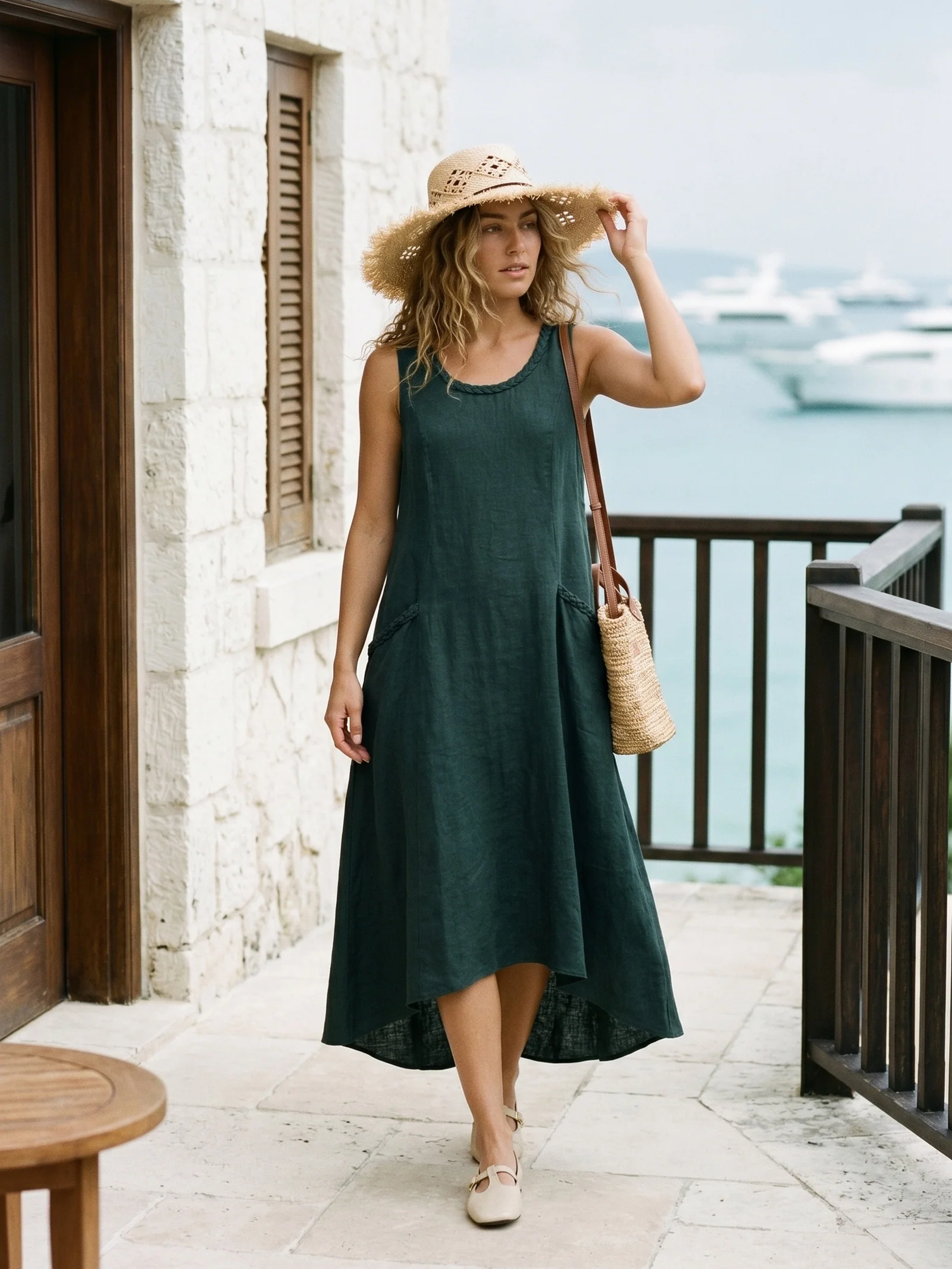 100% Linen Braided Neck Handkerchief Hem Maxi Dress CARISSA - Image 2