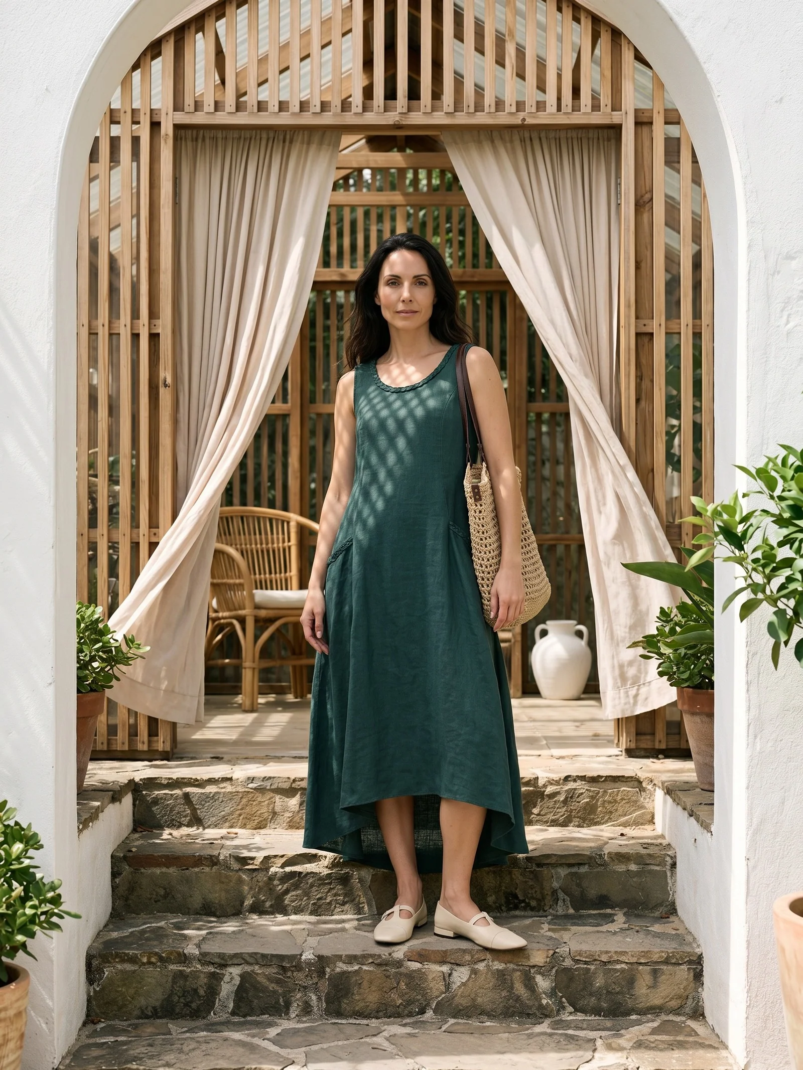 100% Linen Braided Neck Handkerchief Hem Maxi Dress CARISSA - Image 3