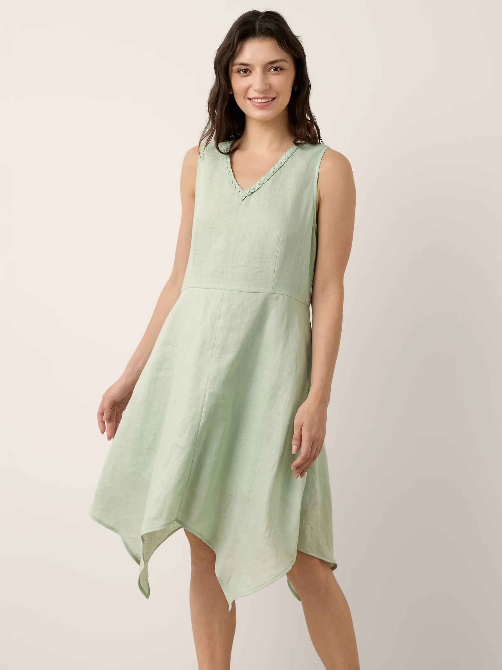 100% Linen Braided V Neck Handkerchief Hem Mini Dress ANNORA - Image 4