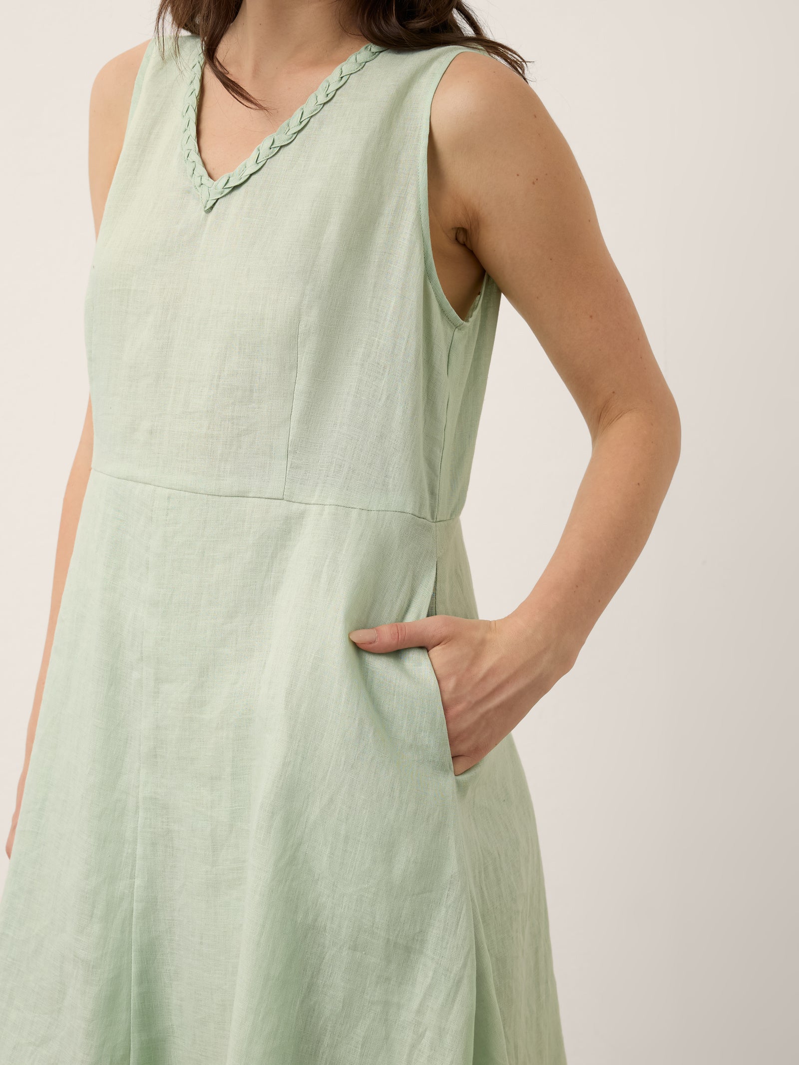 100% Linen Braided V Neck Handkerchief Hem Mini Dress ANNORA - Image 5
