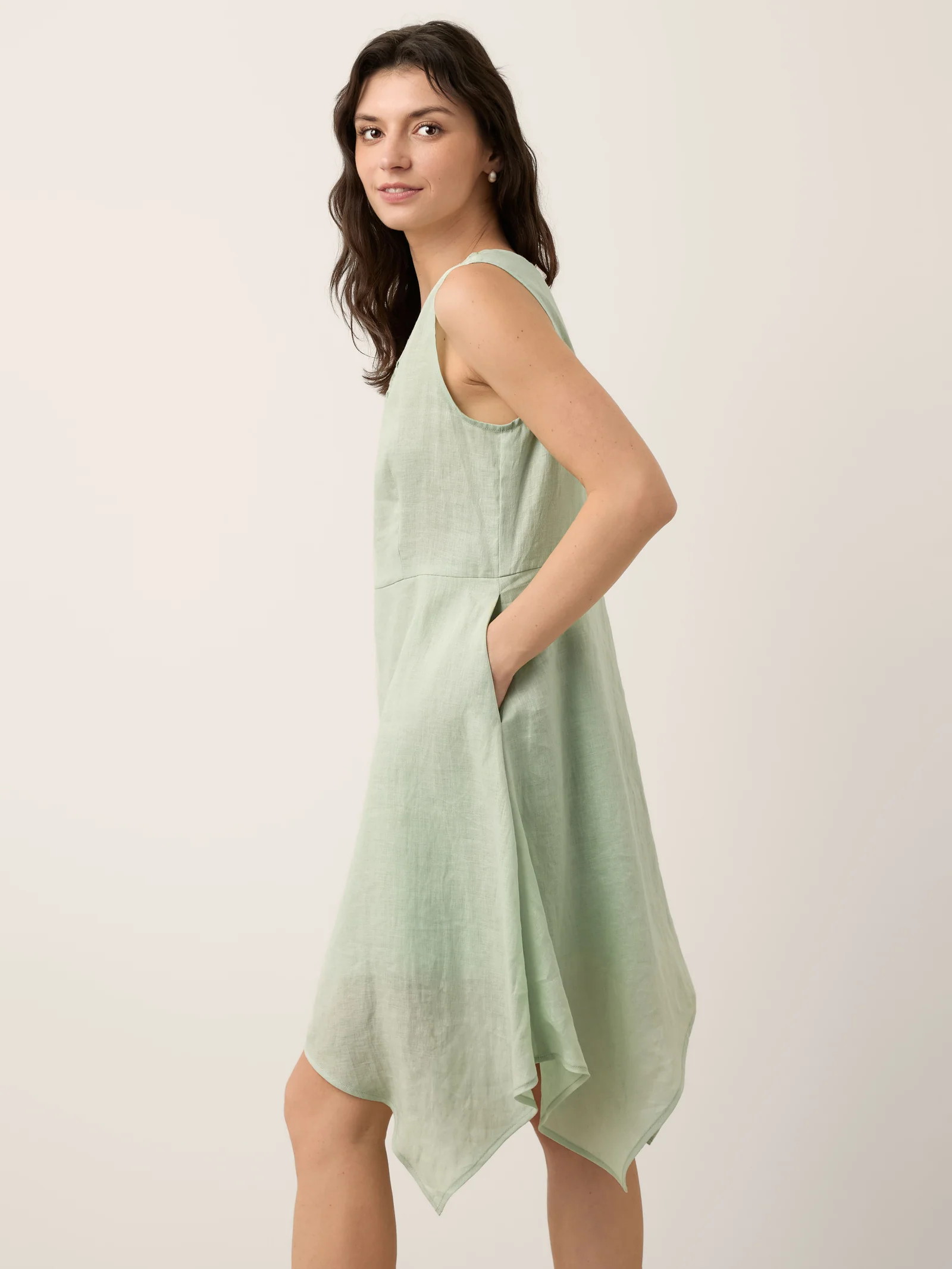 100% Linen Braided V Neck Handkerchief Hem Mini Dress ANNORA - Image 7