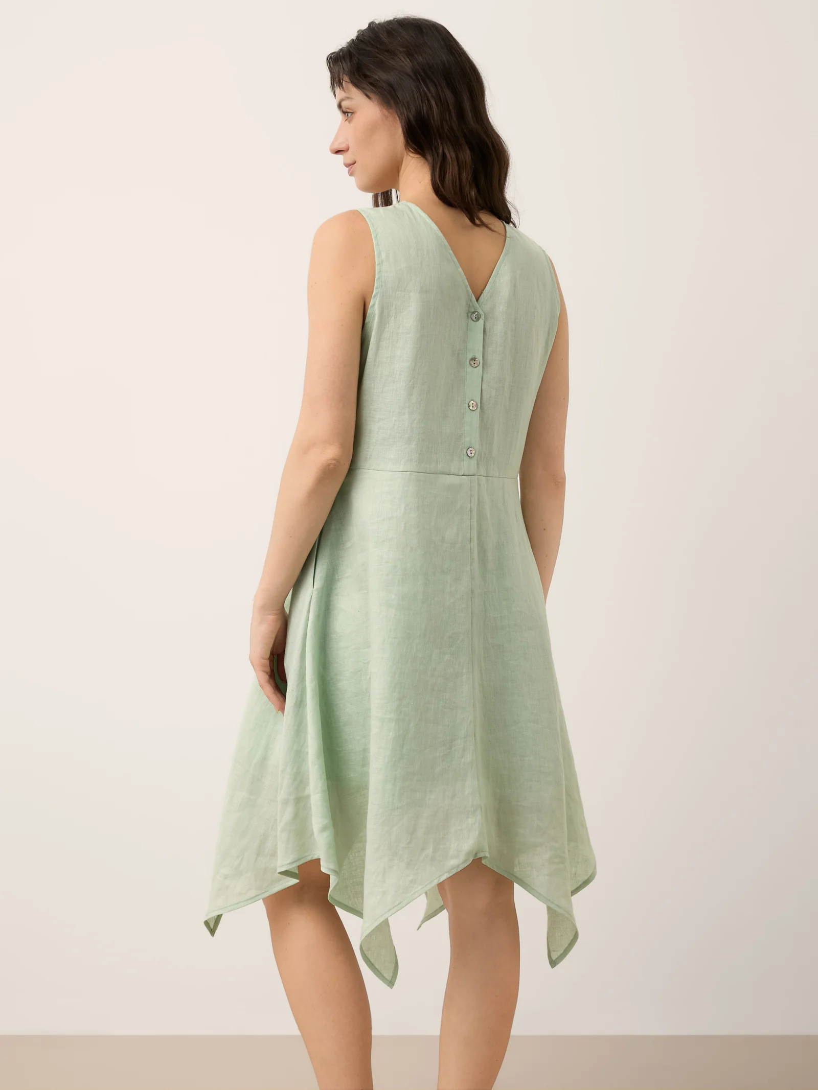 100% Linen Braided V Neck Handkerchief Hem Mini Dress ANNORA - Image 8