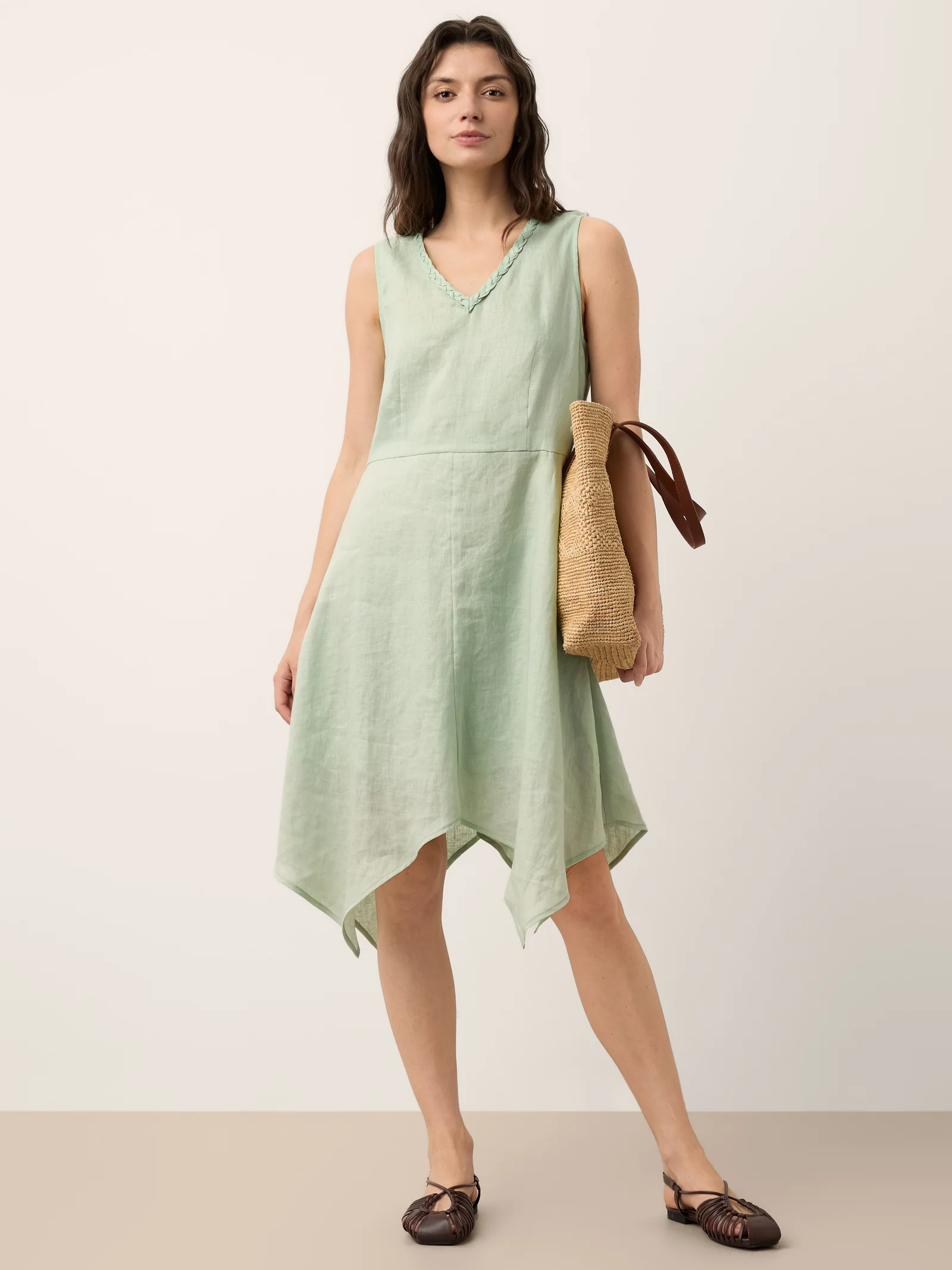 100% Linen Braided V Neck Handkerchief Hem Mini Dress ANNORA - Image 9