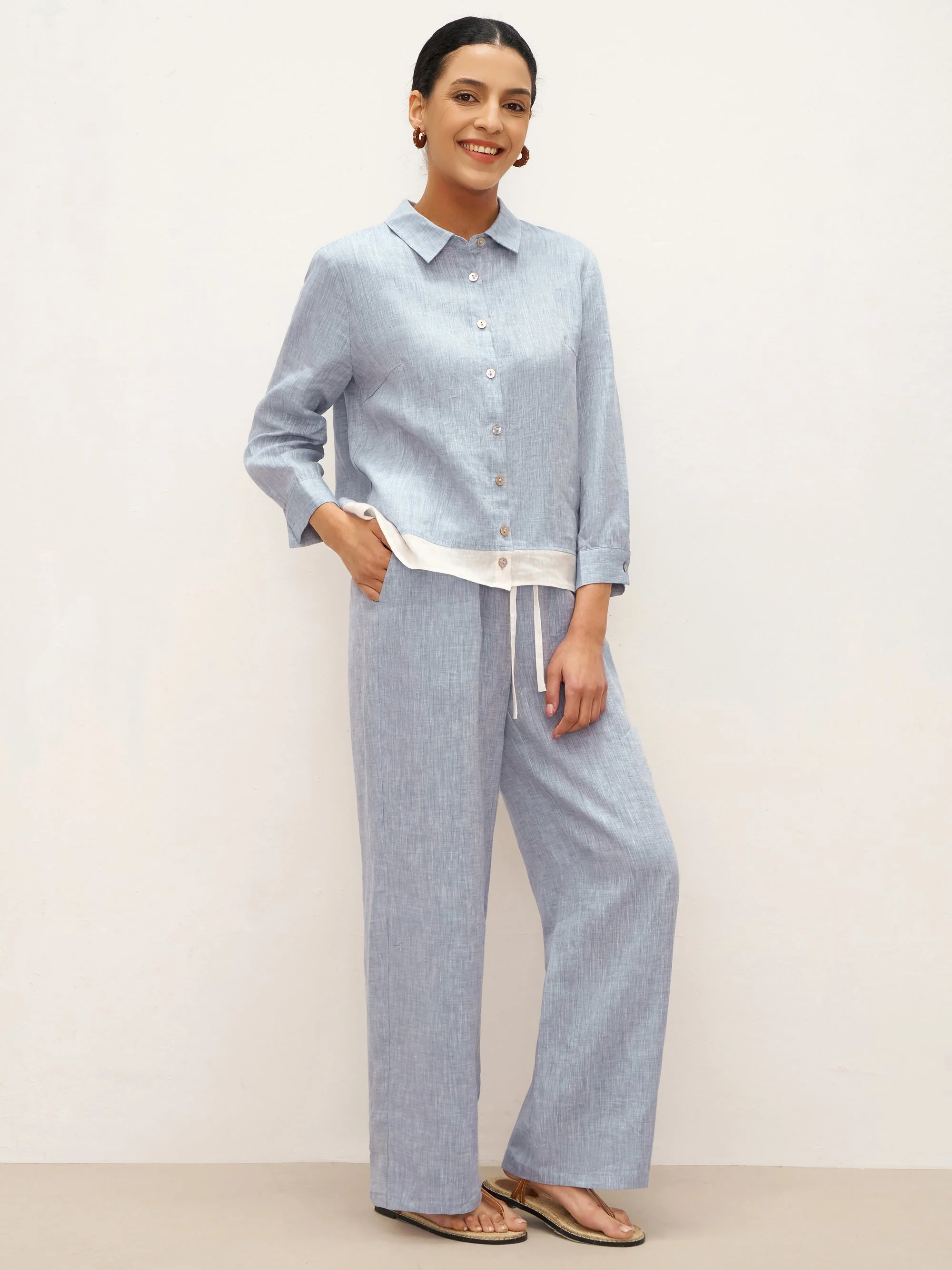 100% Linen Buttoned Closure Color-Blocked Shirt JANICE - Image 8