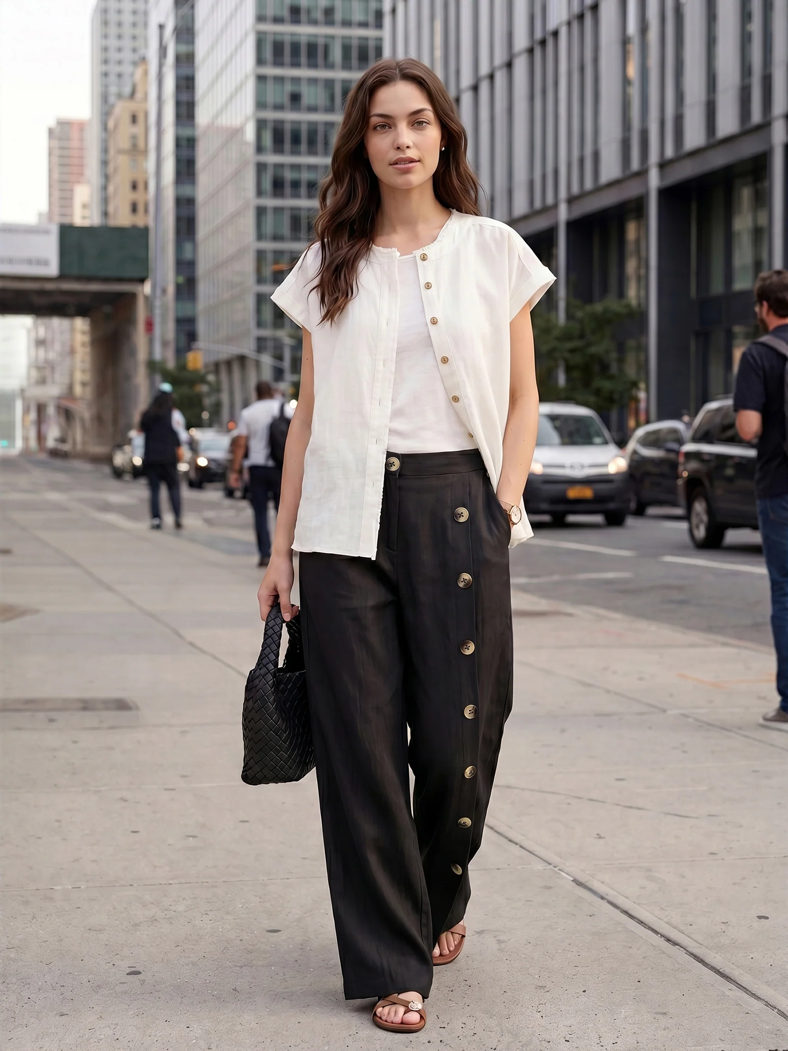 100% Linen Buttoned Slit-Hem Pants KATYA - Image 36