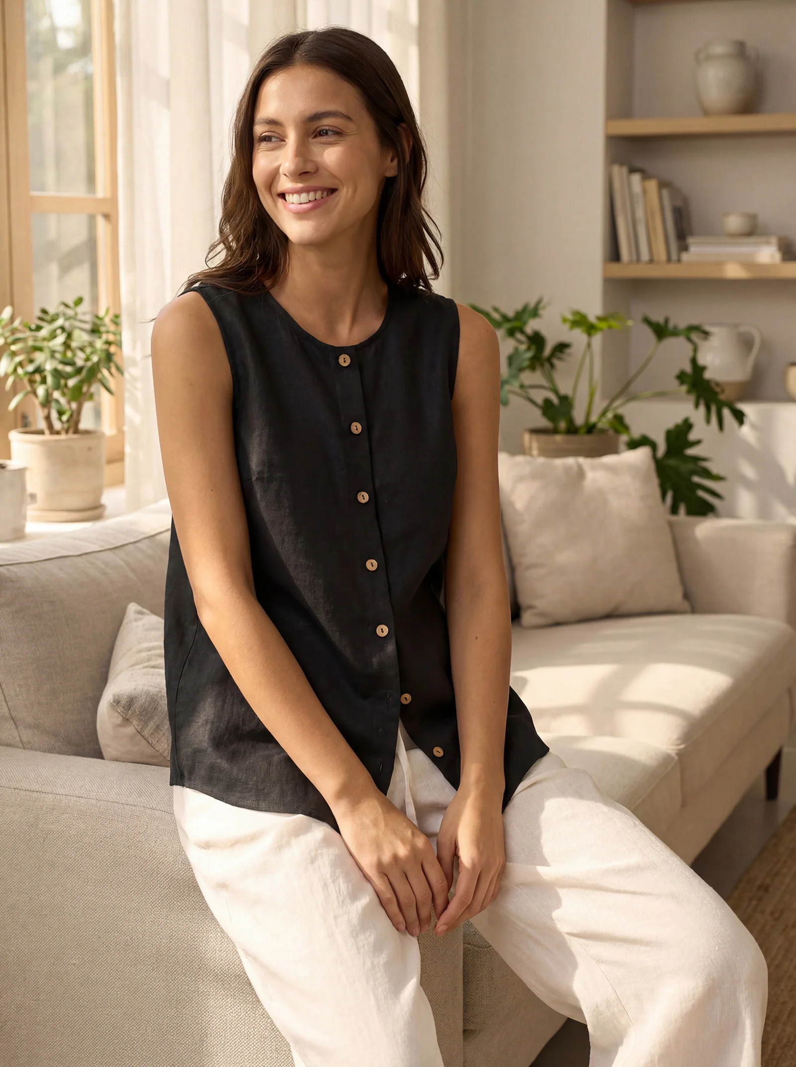 100% Linen Buttons Down Tank Top ERIN - Image 2