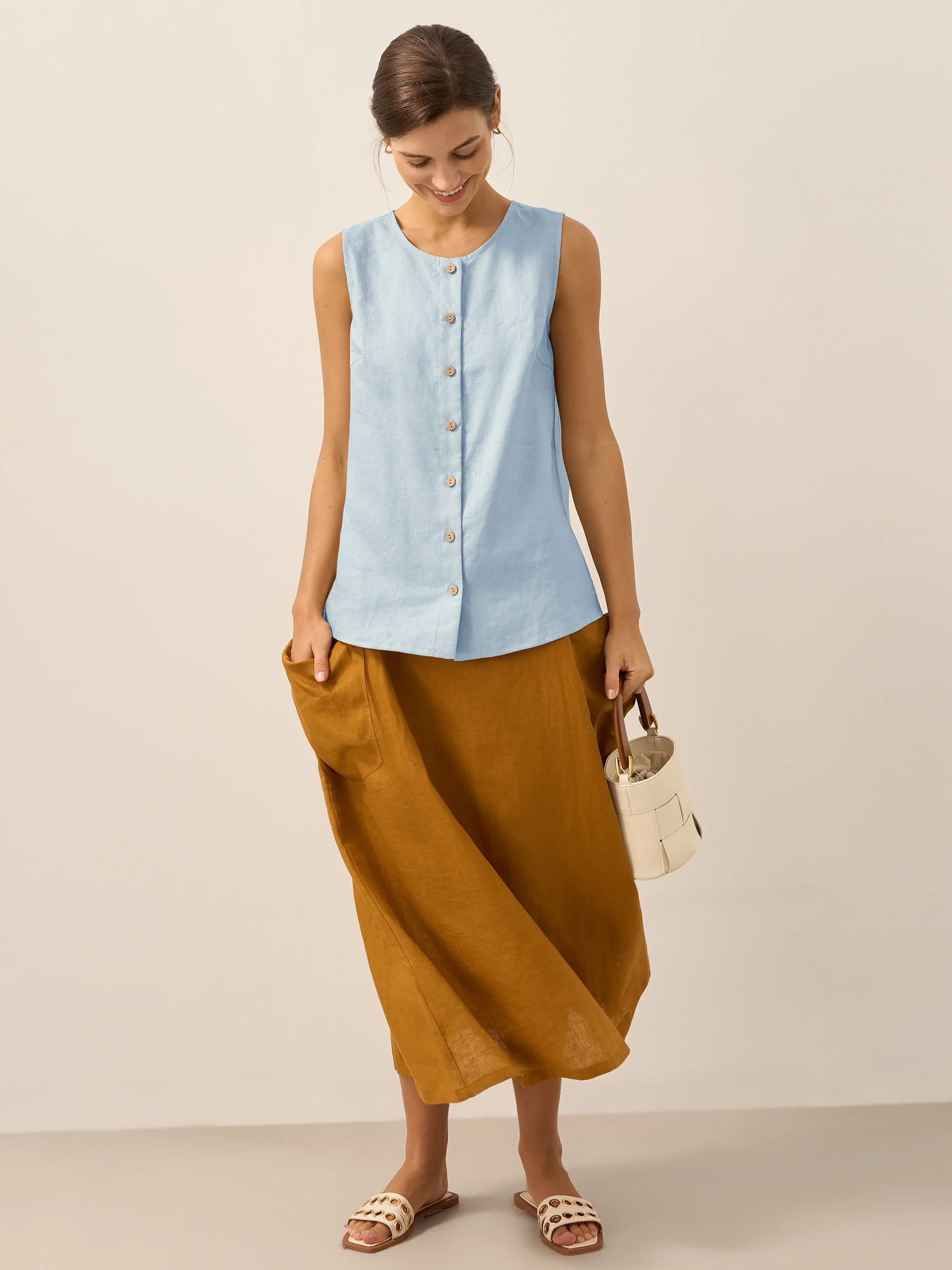 100% Linen Buttons Down Tank Top ERIN - Image 47
