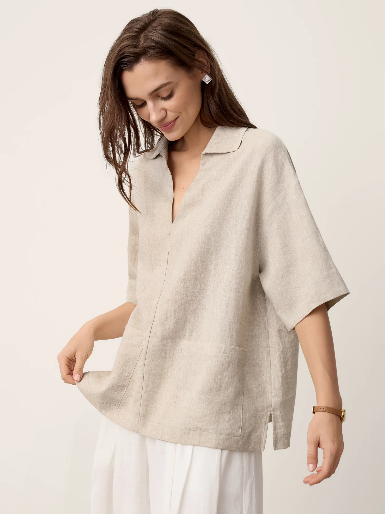 100% Linen Camp-Collar Patch-Pocket Top BRENNA - Image 7
