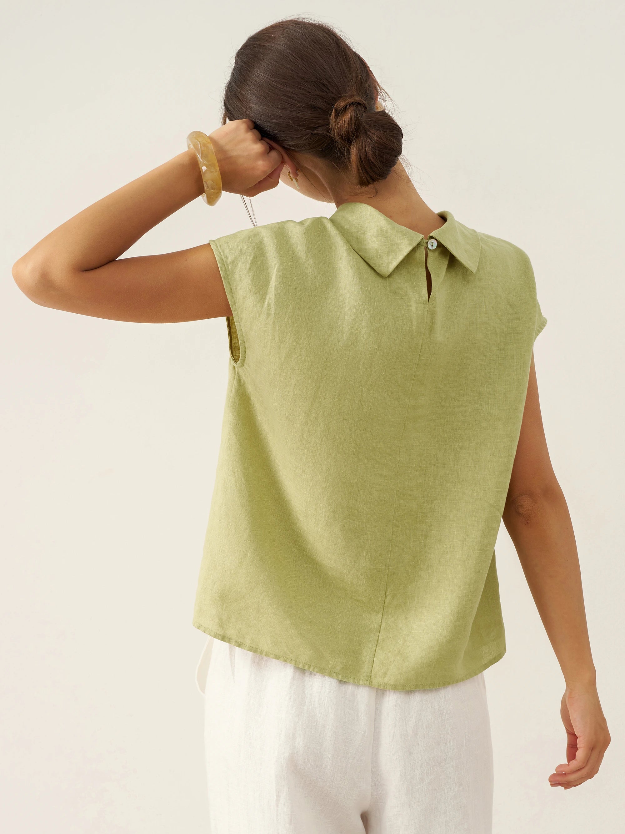 100% Linen Cap Sleeve Soft-Fold Collar Top YVONNE - Image 10