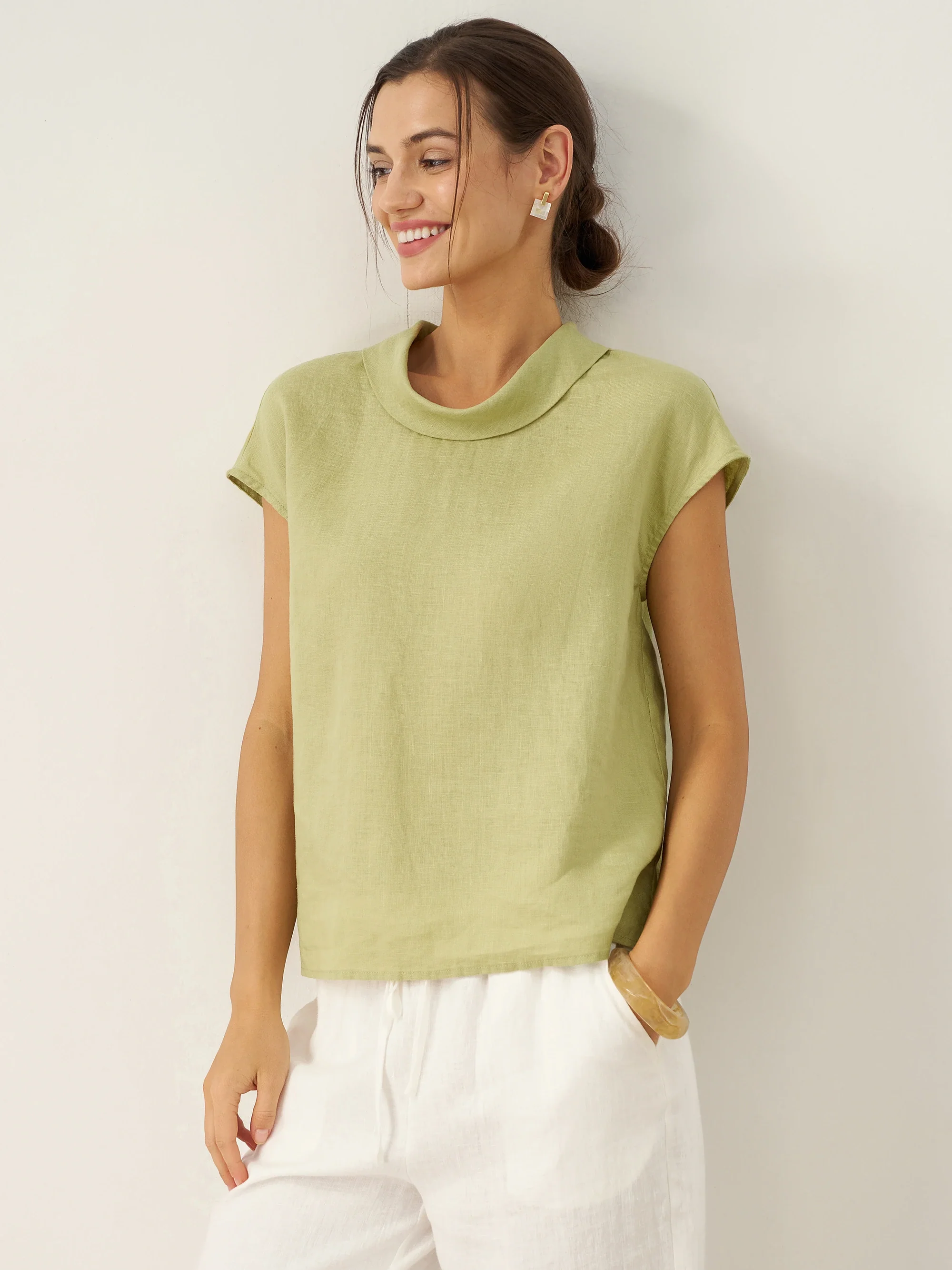 100% Linen Cap Sleeve Soft-Fold Collar Top YVONNE - Image 11