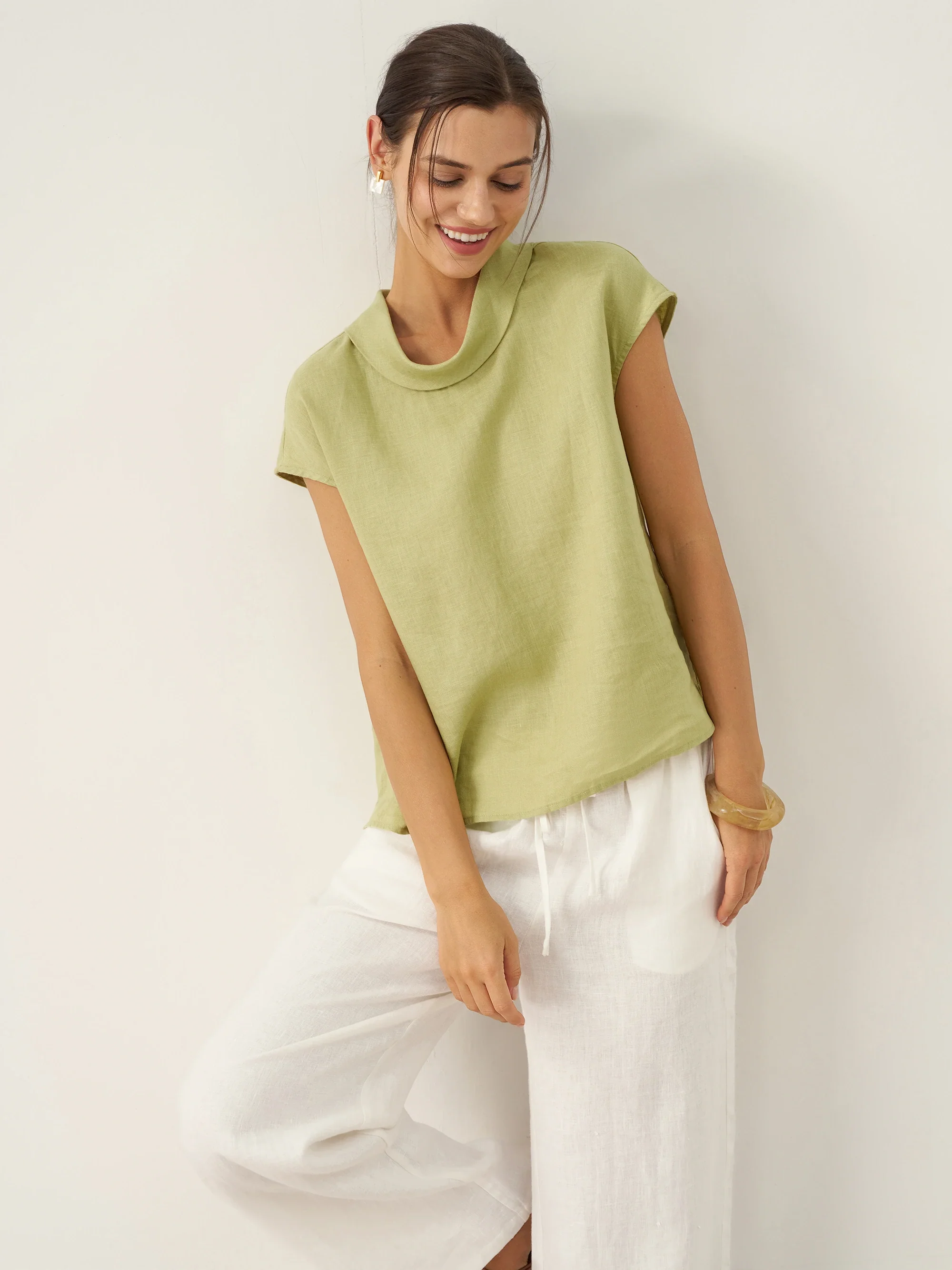 100% Linen Cap Sleeve Soft-Fold Collar Top YVONNE - Image 12