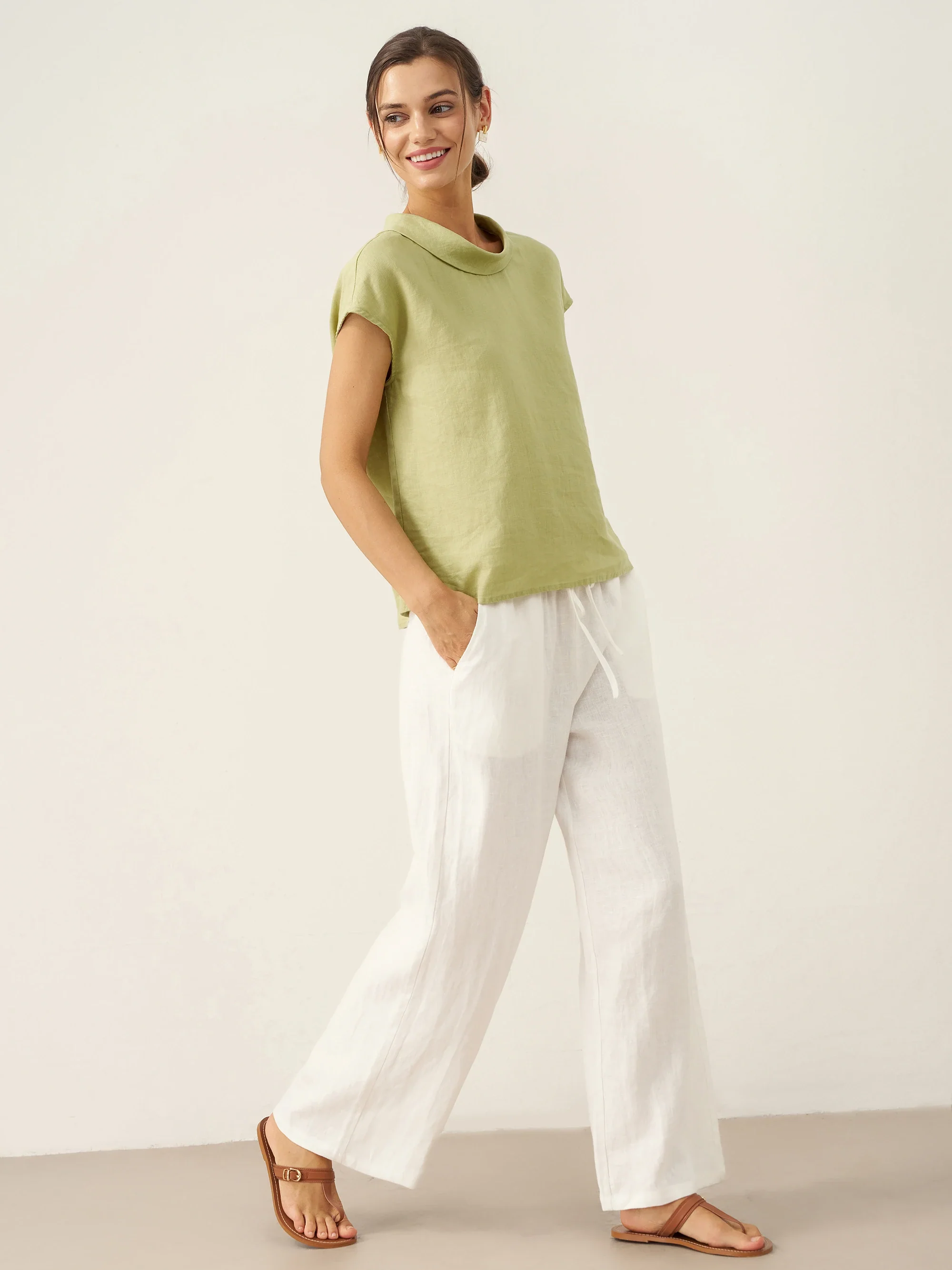 100% Linen Cap Sleeve Soft-Fold Collar Top YVONNE - Image 14