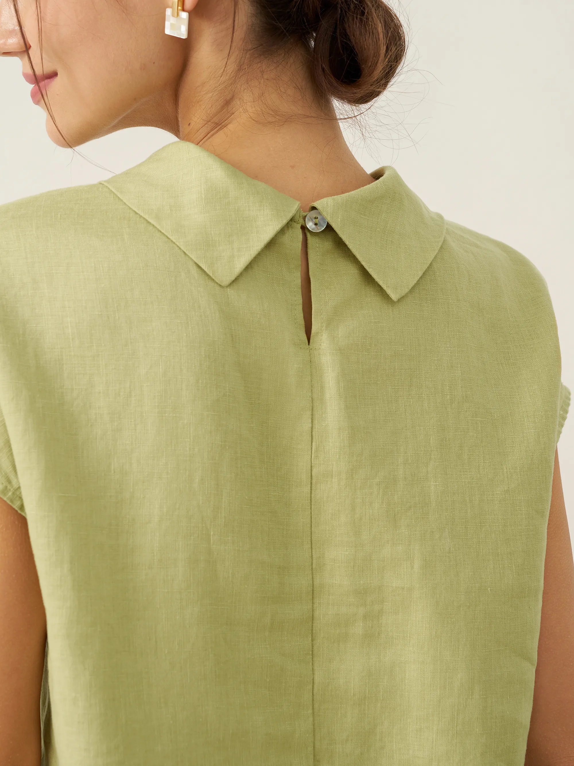 100% Linen Cap Sleeve Soft-Fold Collar Top YVONNE - Image 16