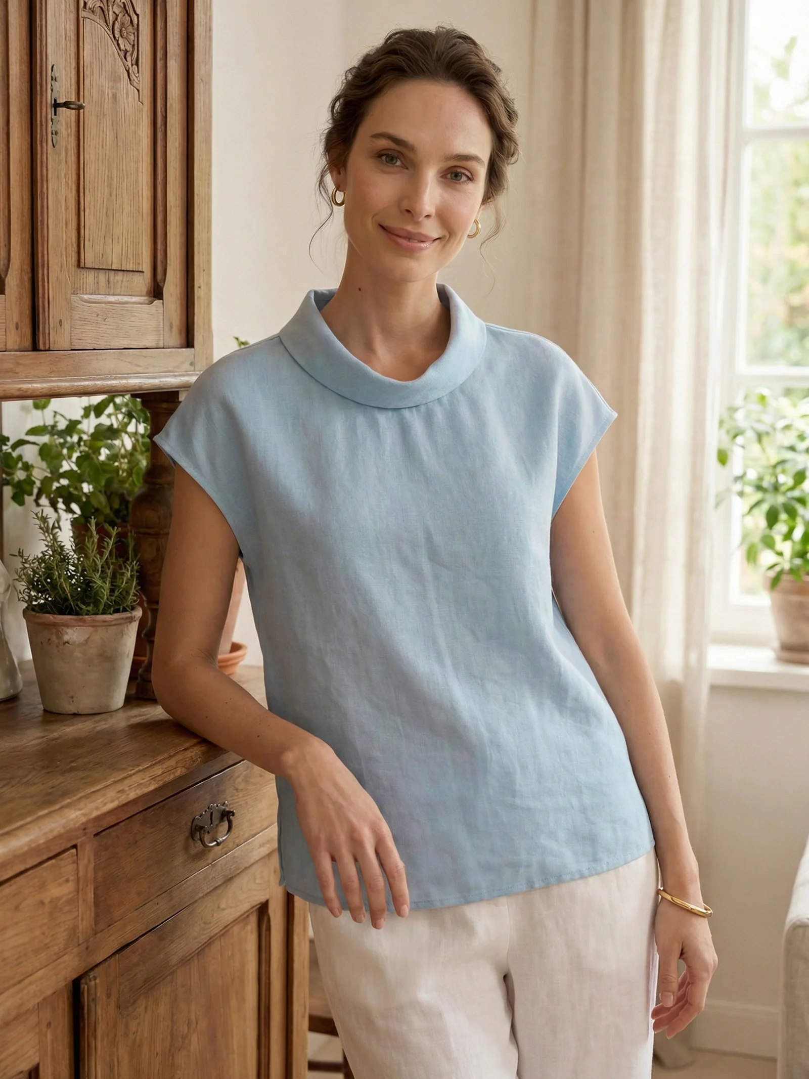 100% Linen Cap Sleeve Soft-Fold Collar Top YVONNE - Image 2