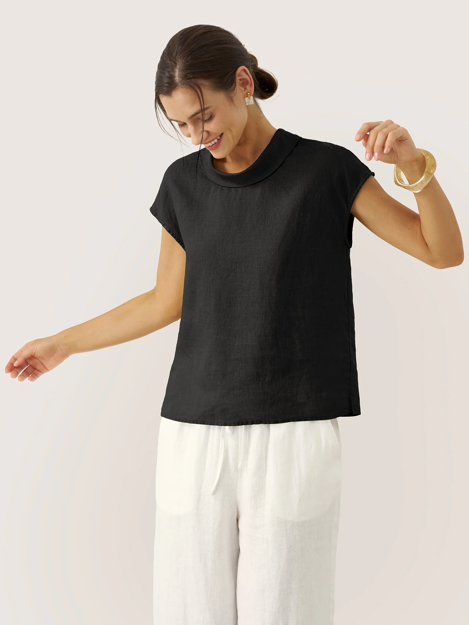 100% Linen Cap Sleeve Soft-Fold Collar Top YVONNE - Image 27