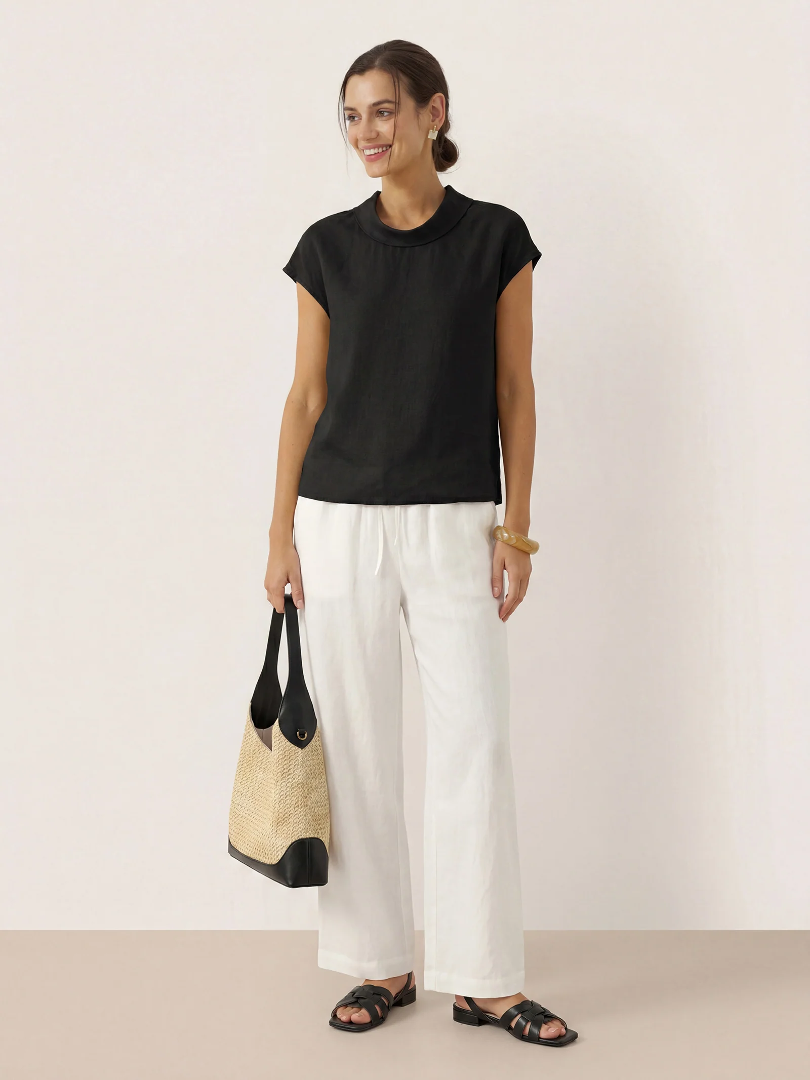 100% Linen Cap Sleeve Soft-Fold Collar Top YVONNE - Image 29
