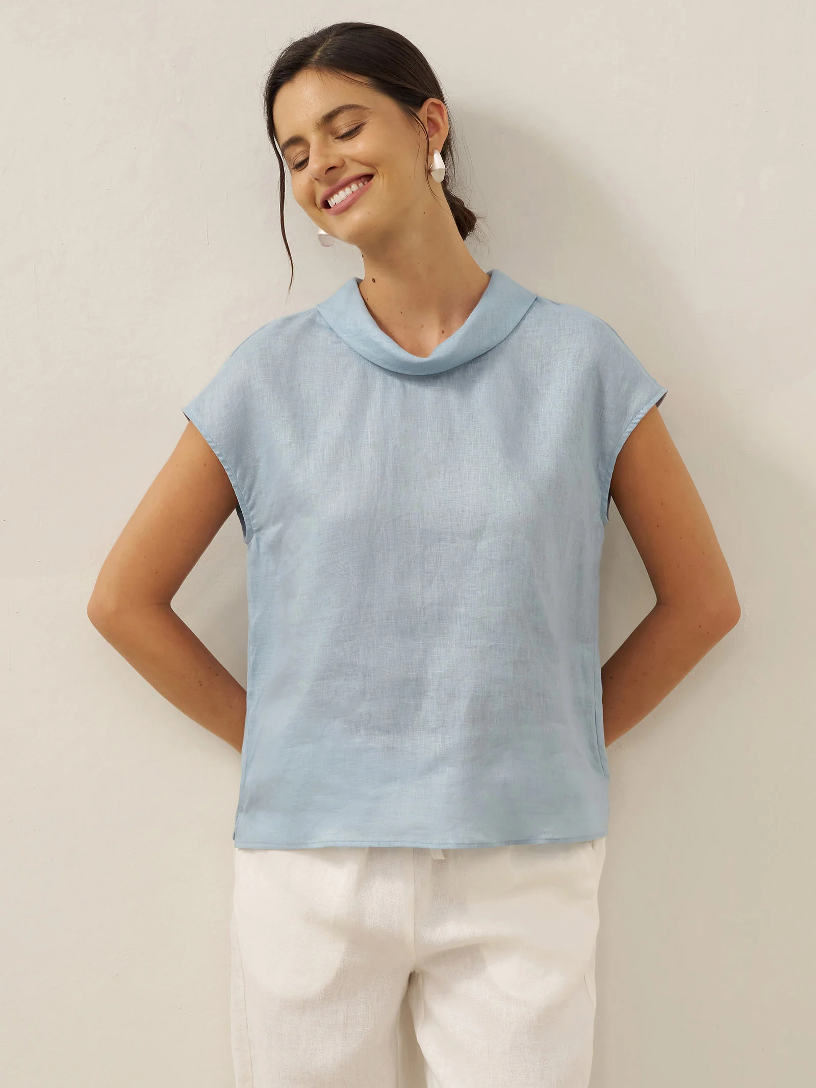 100% Linen Cap Sleeve Soft-Fold Collar Top YVONNE - Image 16