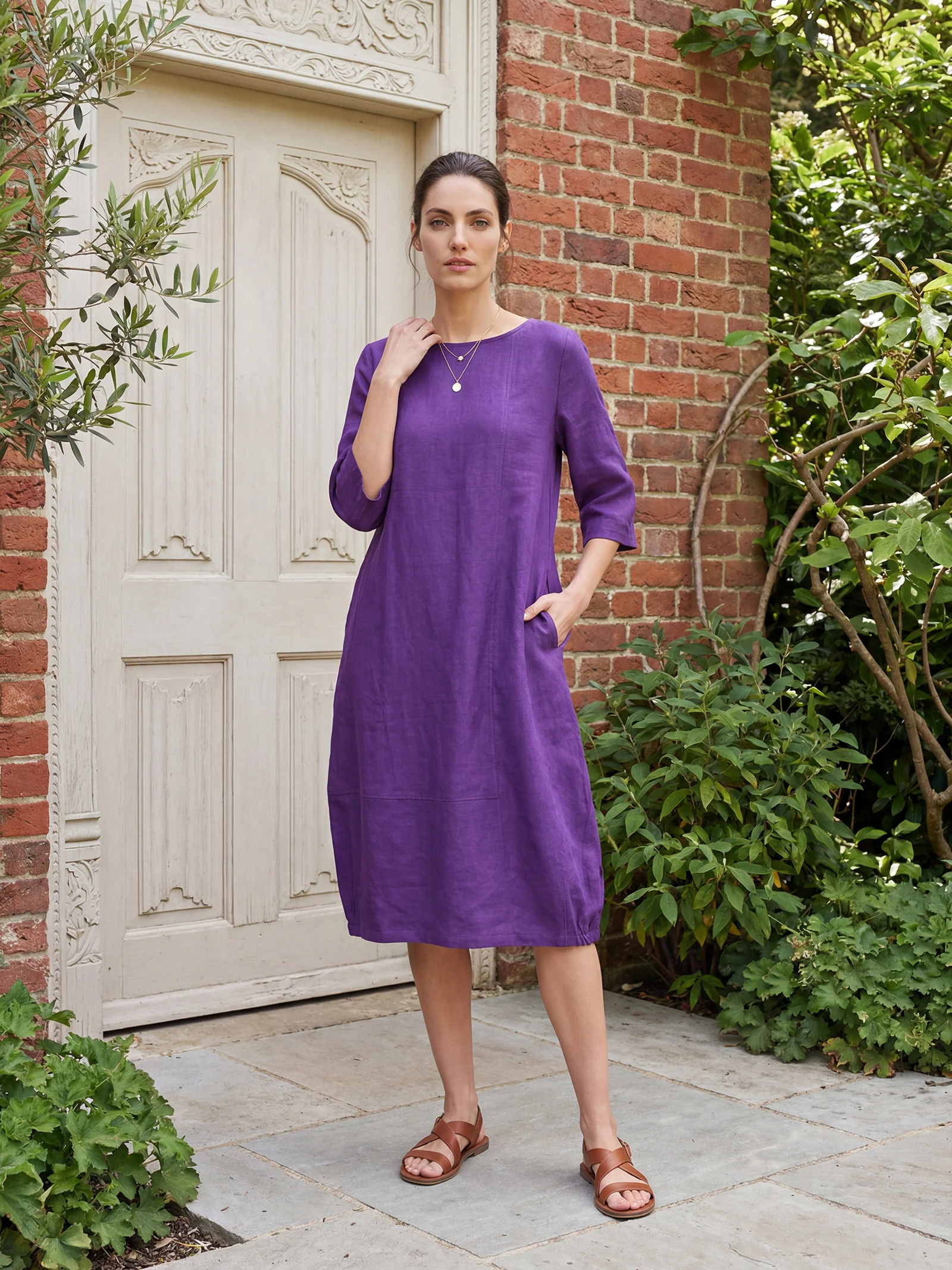 100% Linen Collarless Mid-Length Dress SOFIA - Image 3