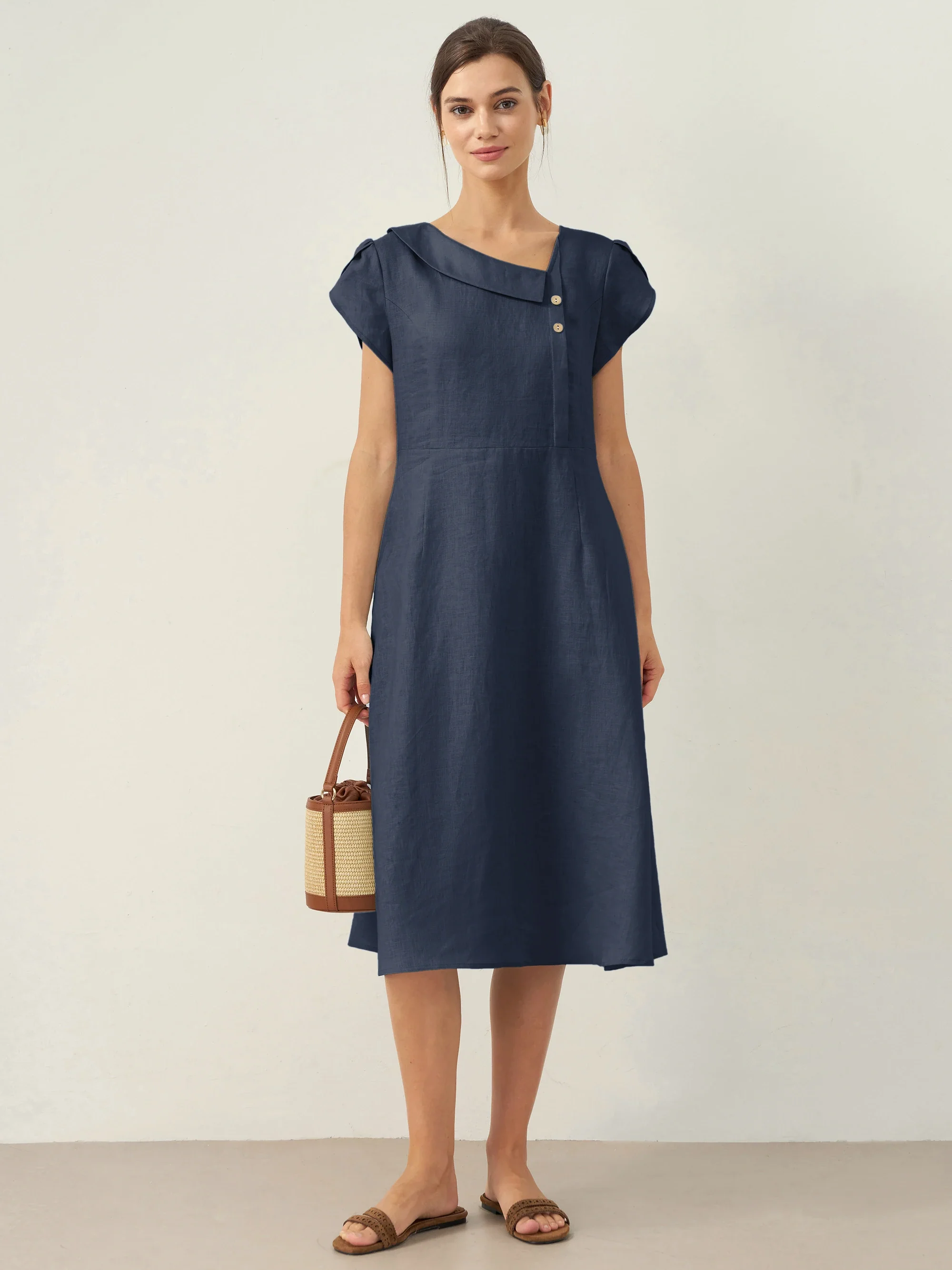 100% Linen Crescent Collar Flutter Sleeve Mini Dress FIONA - Image 12