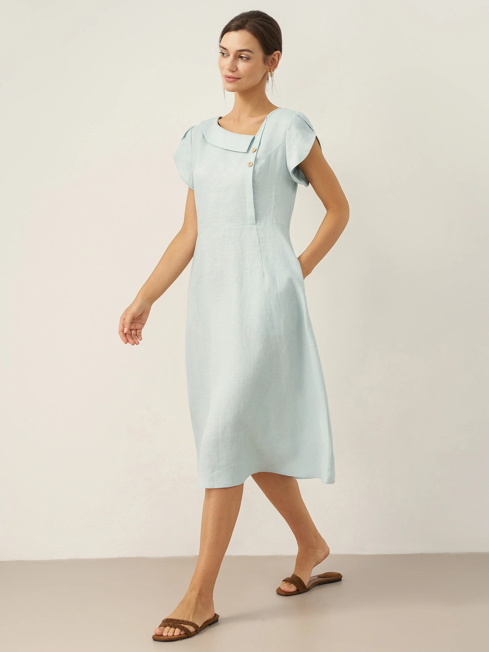 100% Linen Crescent Collar Flutter Sleeve Mini Dress FIONA - Image 4