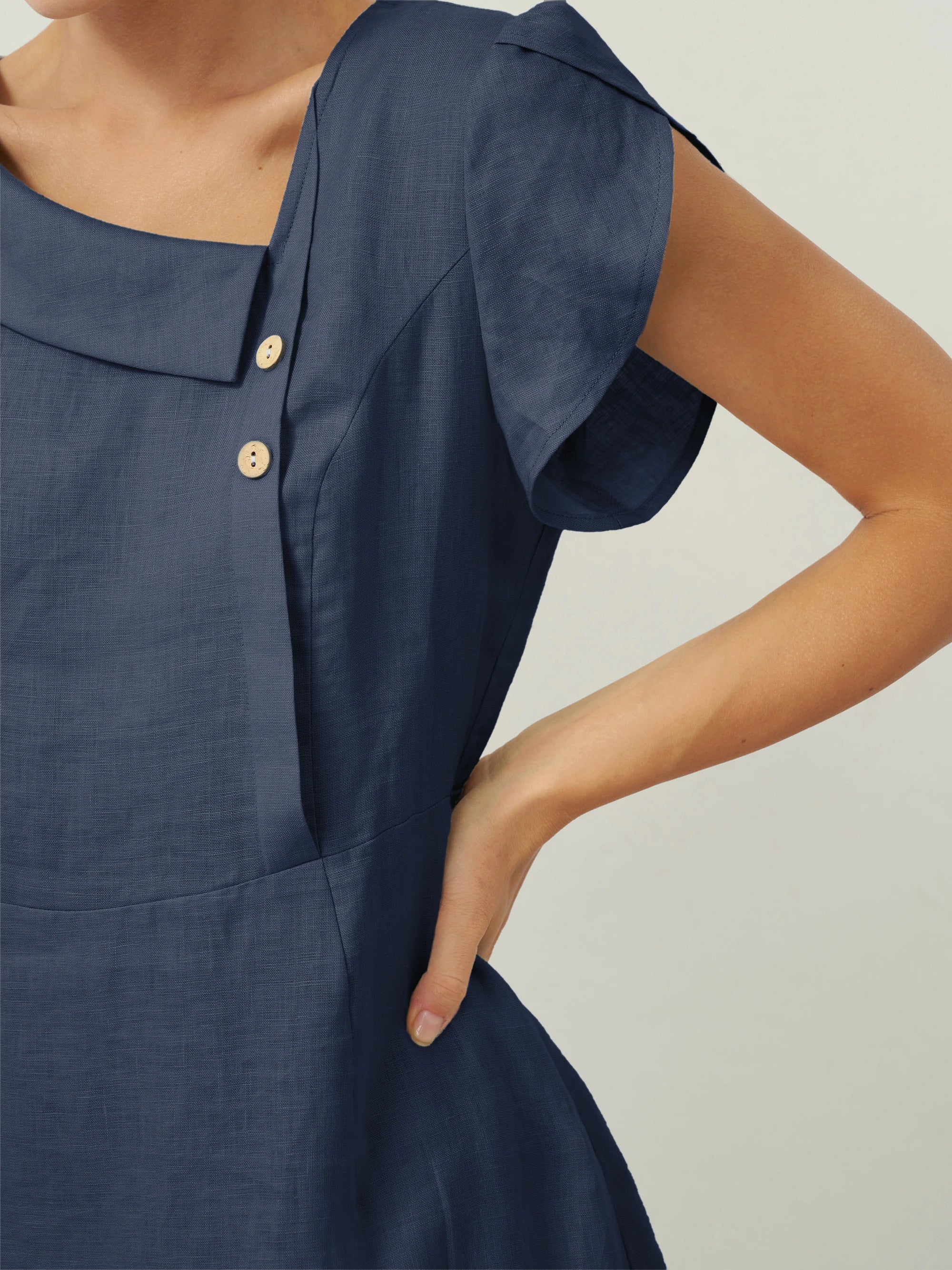 100% Linen Crescent Collar Flutter Sleeve Mini Dress FIONA - Image 17