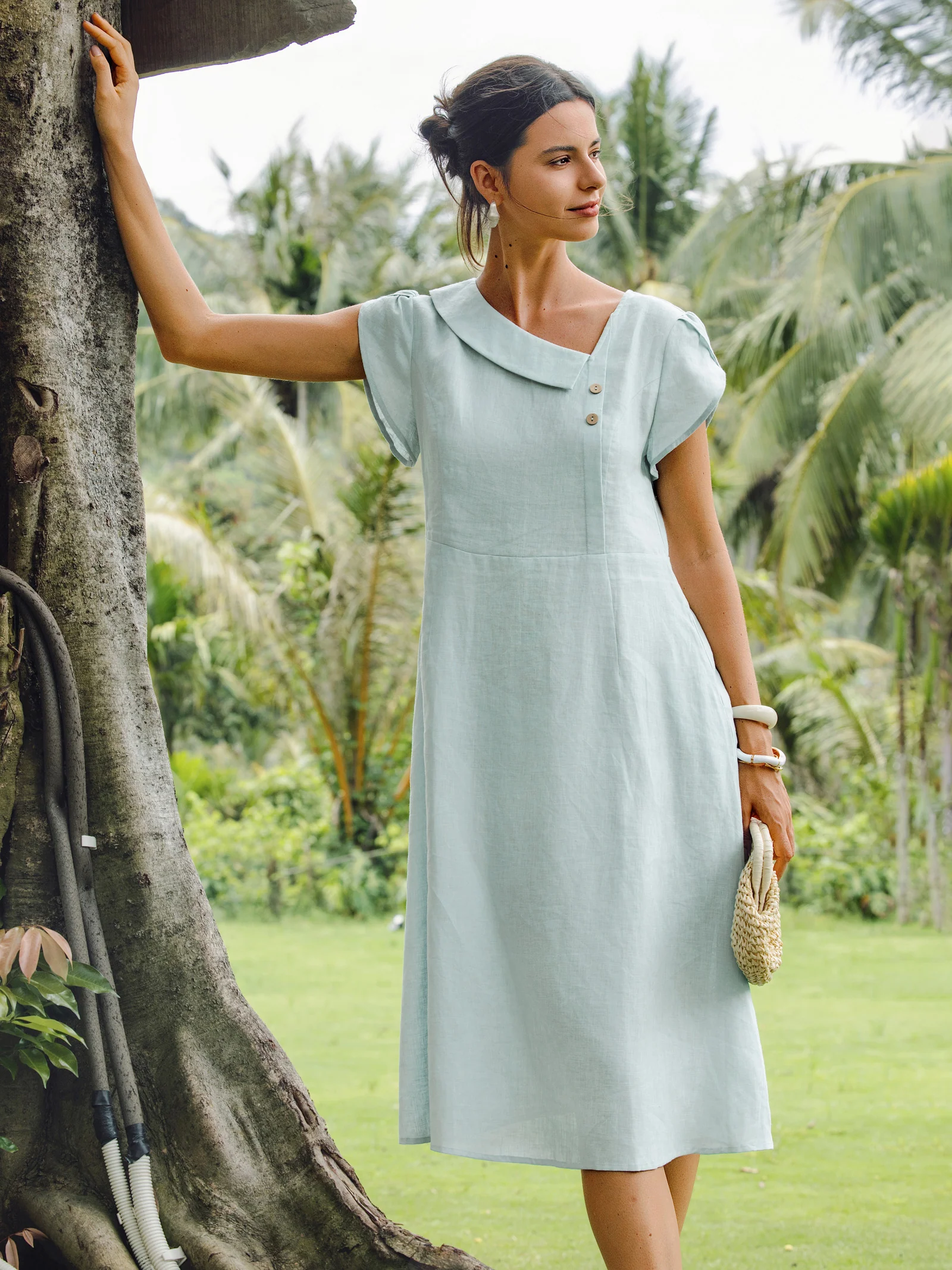 100% Linen Crescent Collar Flutter Sleeve Mini Dress FIONA - Image 8