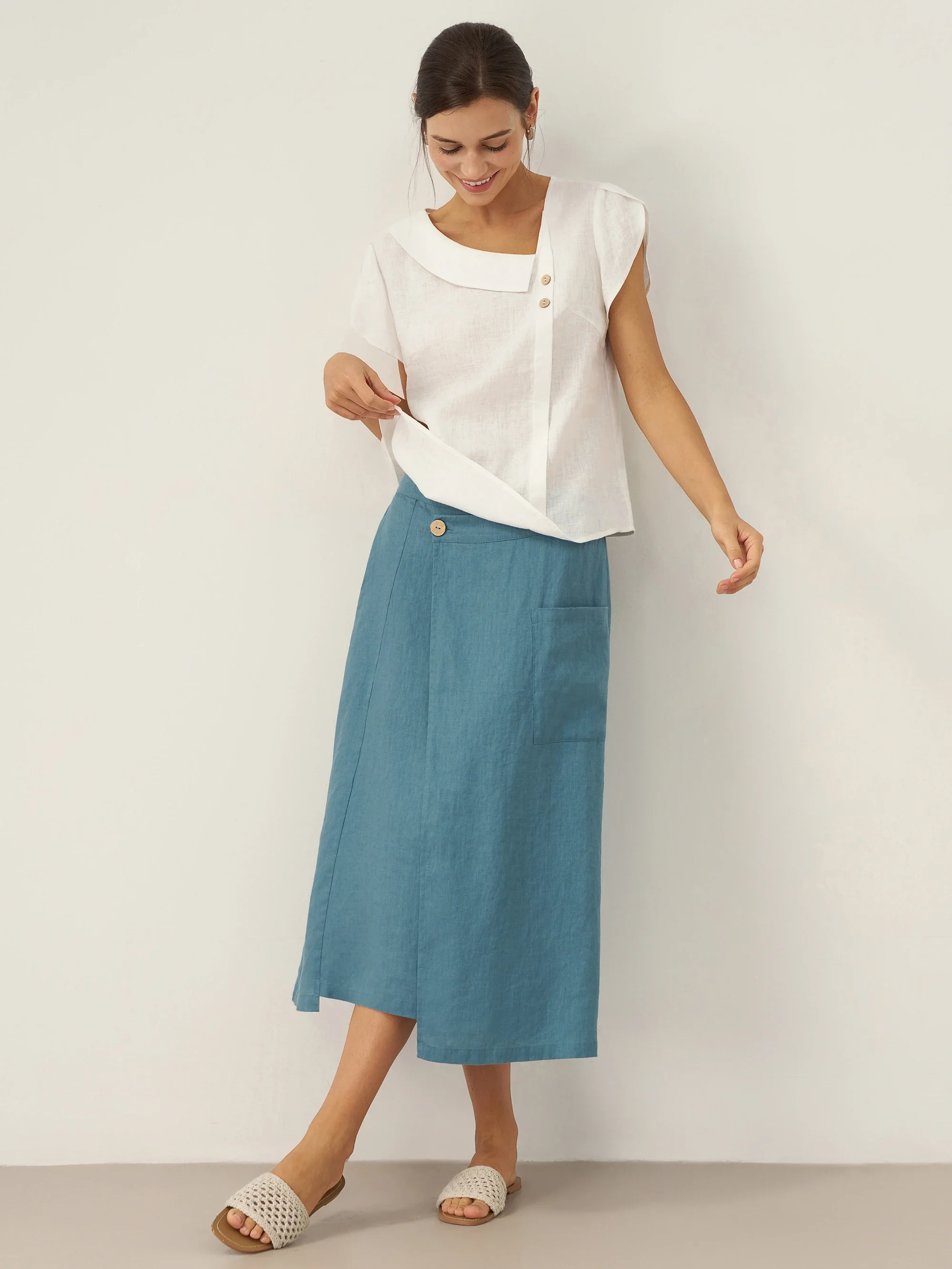 100% Linen Crescent Collar Flutter Sleeve Top FARA - Image 22