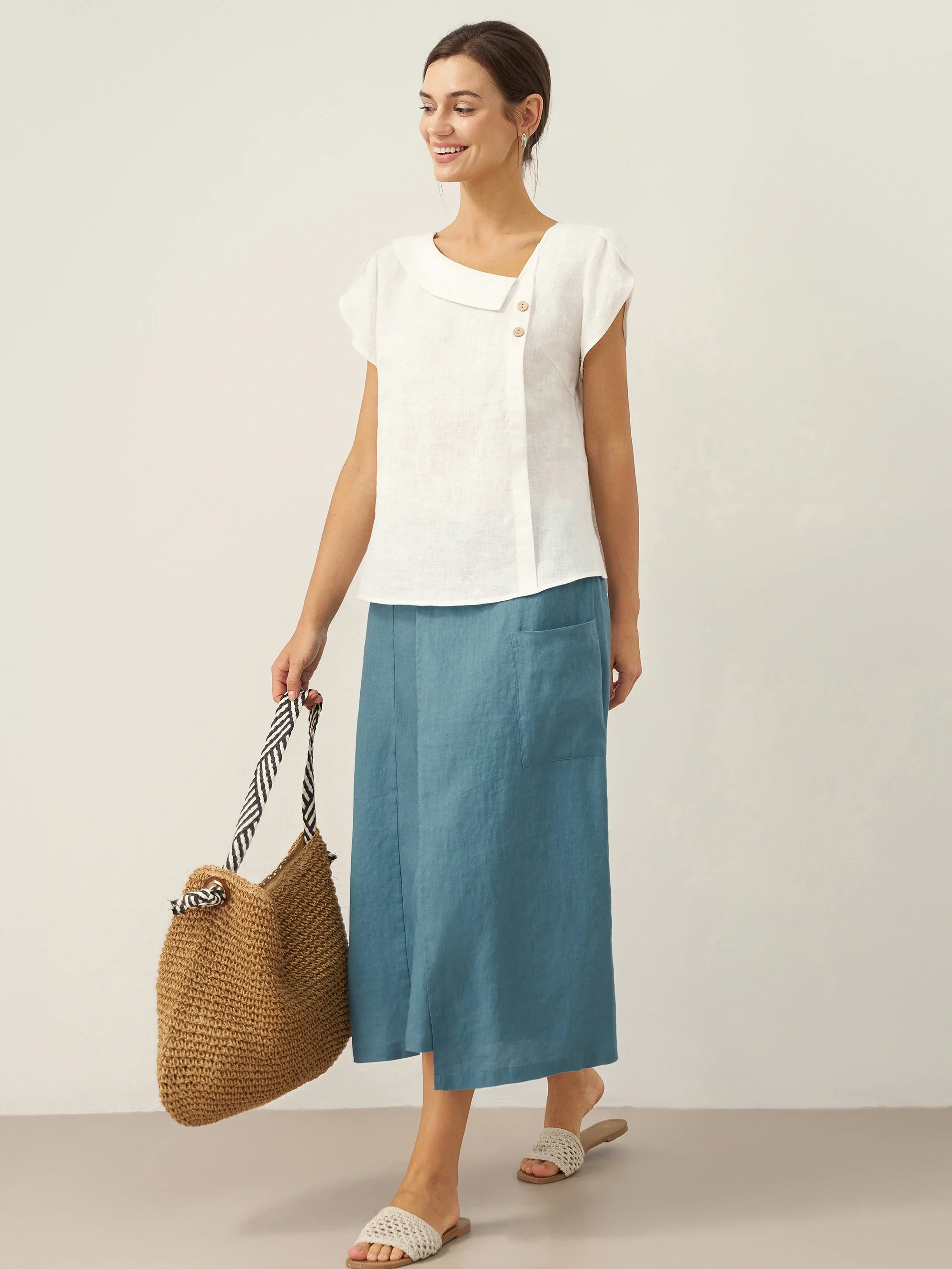 100% Linen Crescent Collar Flutter Sleeve Top FARA - Image 23