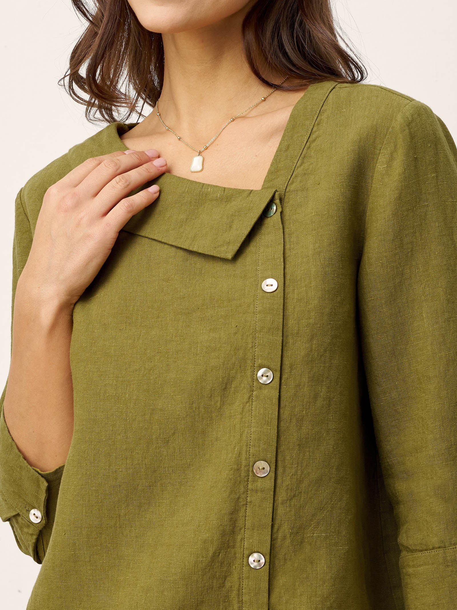 100% Linen Crescent Neck Button Detail 3/4 Sleeve Top ADALYN - Image 6