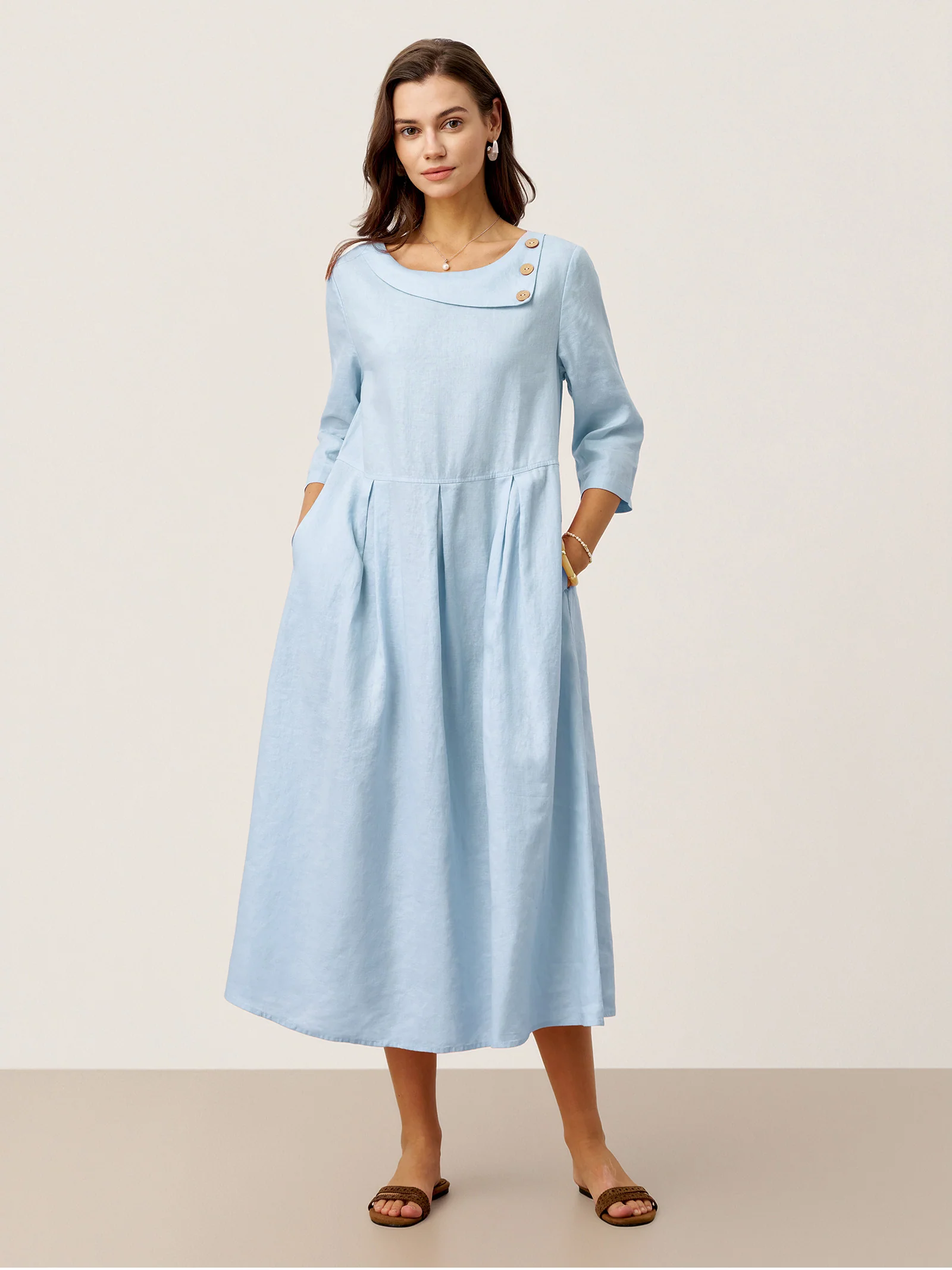 100% Linen Crescent Neck Decorative Button Waist Pleated Midi Dress GWENYTH - Image 9