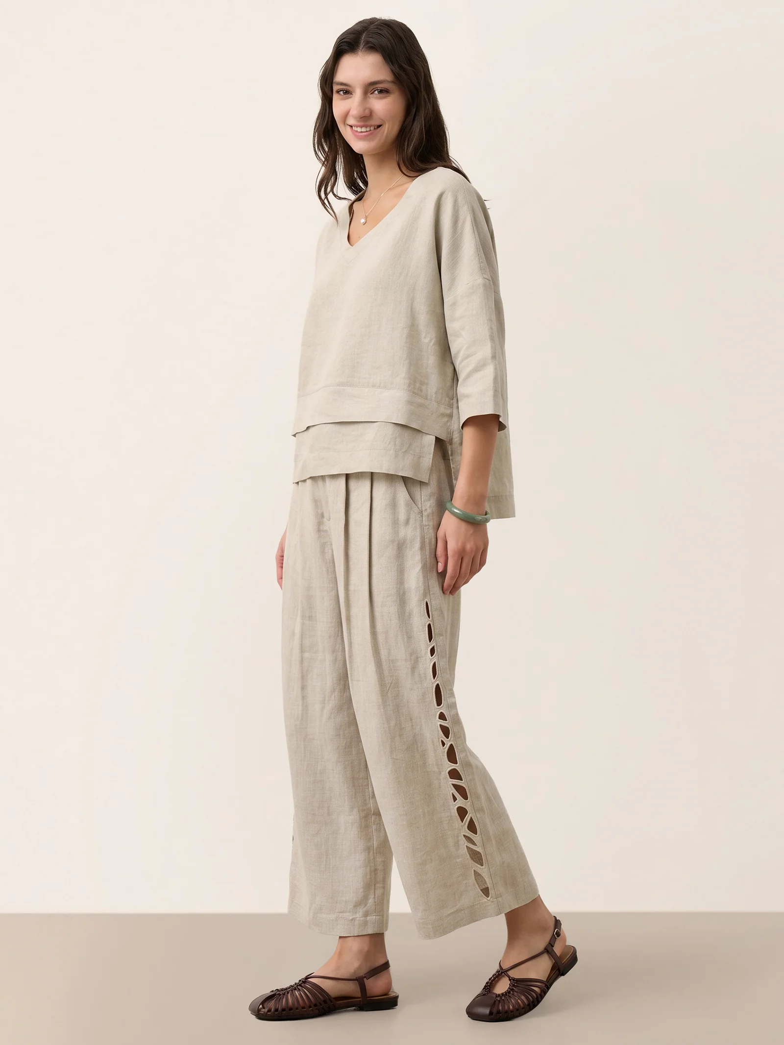 100% Linen Cutwork Side Detail Elasticated Waist Cropped Wide Leg Pants RAMONA - Image 11