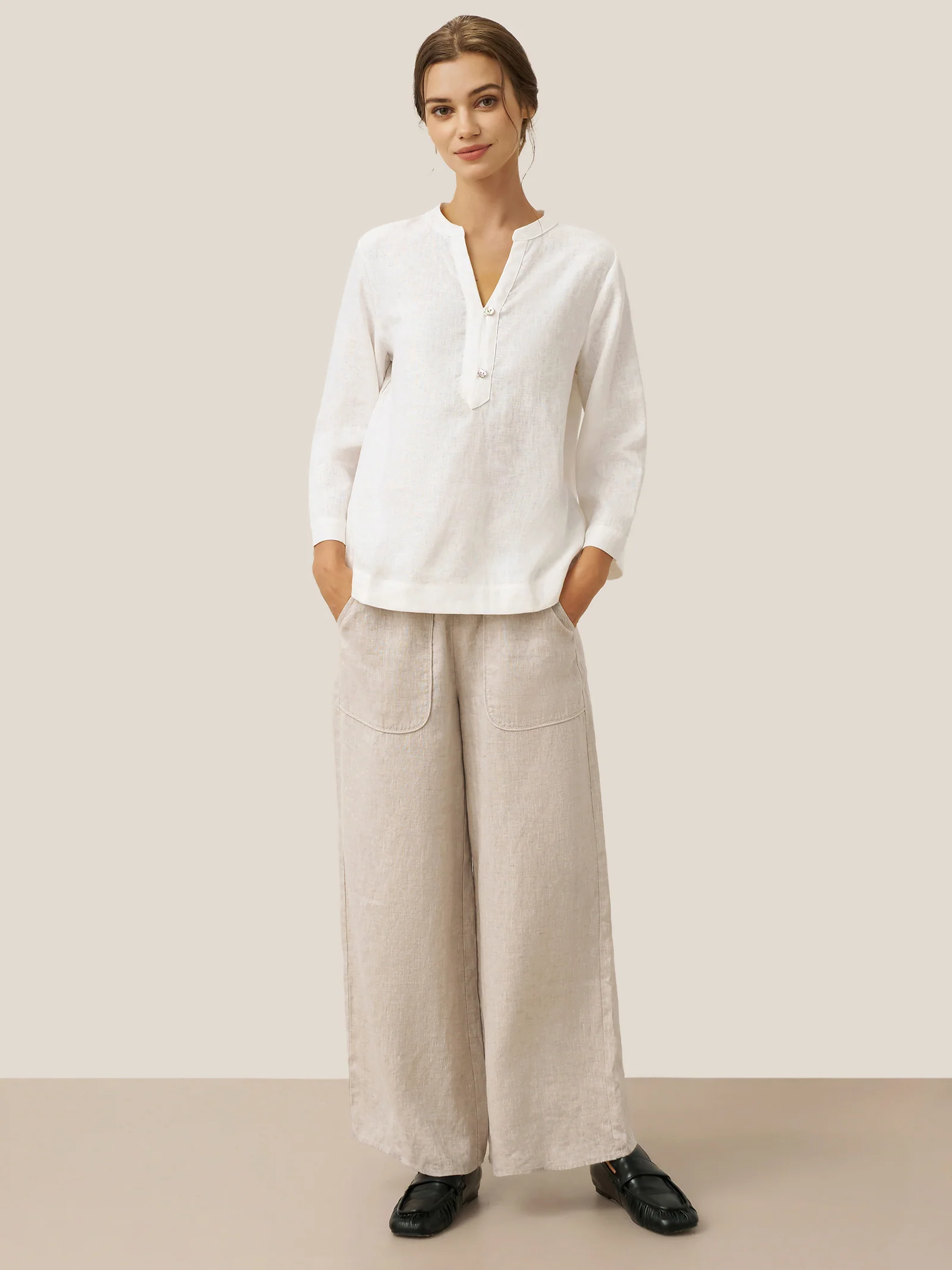 100% Linen Deep V-Neck Pullover with Button-Trim JOLYNE - Image 7