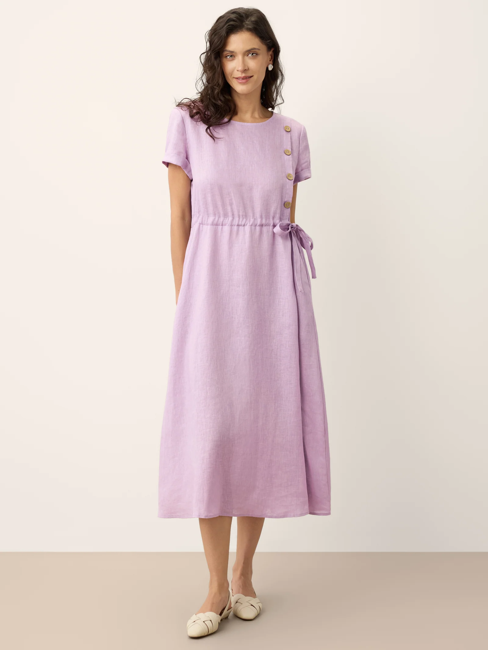 100% Linen Drawstring Waist Button Detail Midi Dress SENNA