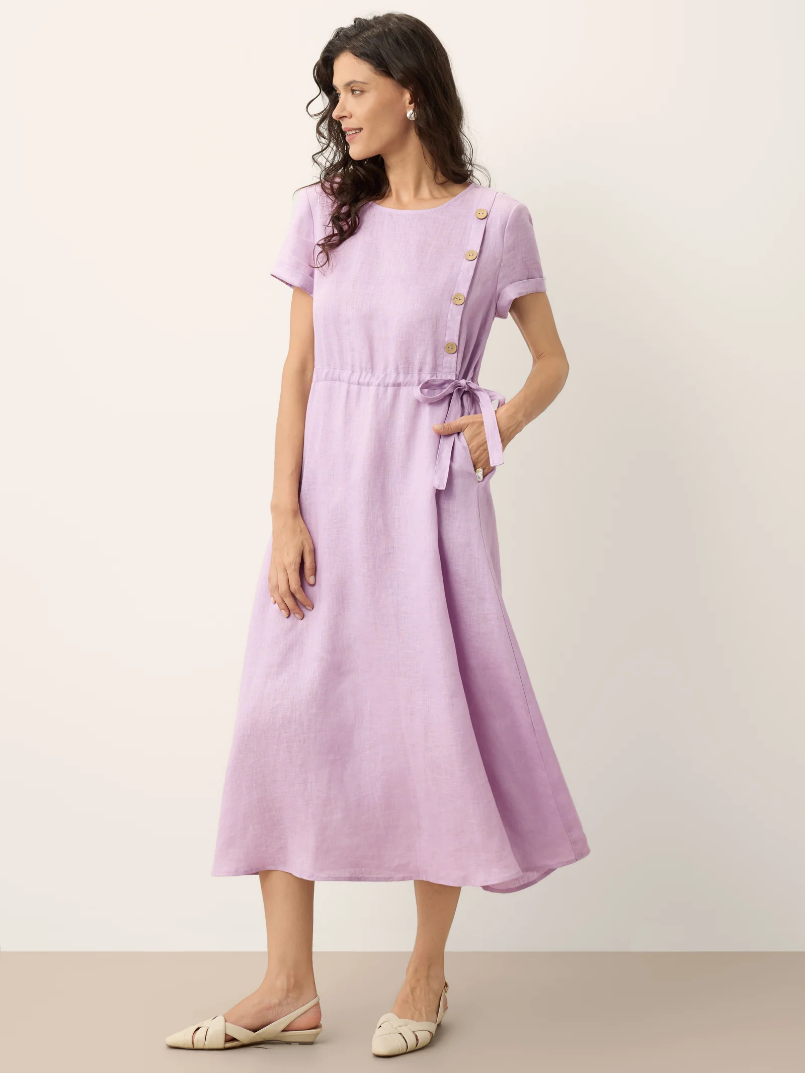 100% Linen Drawstring Waist Button Detail Midi Dress SENNA - Image 4