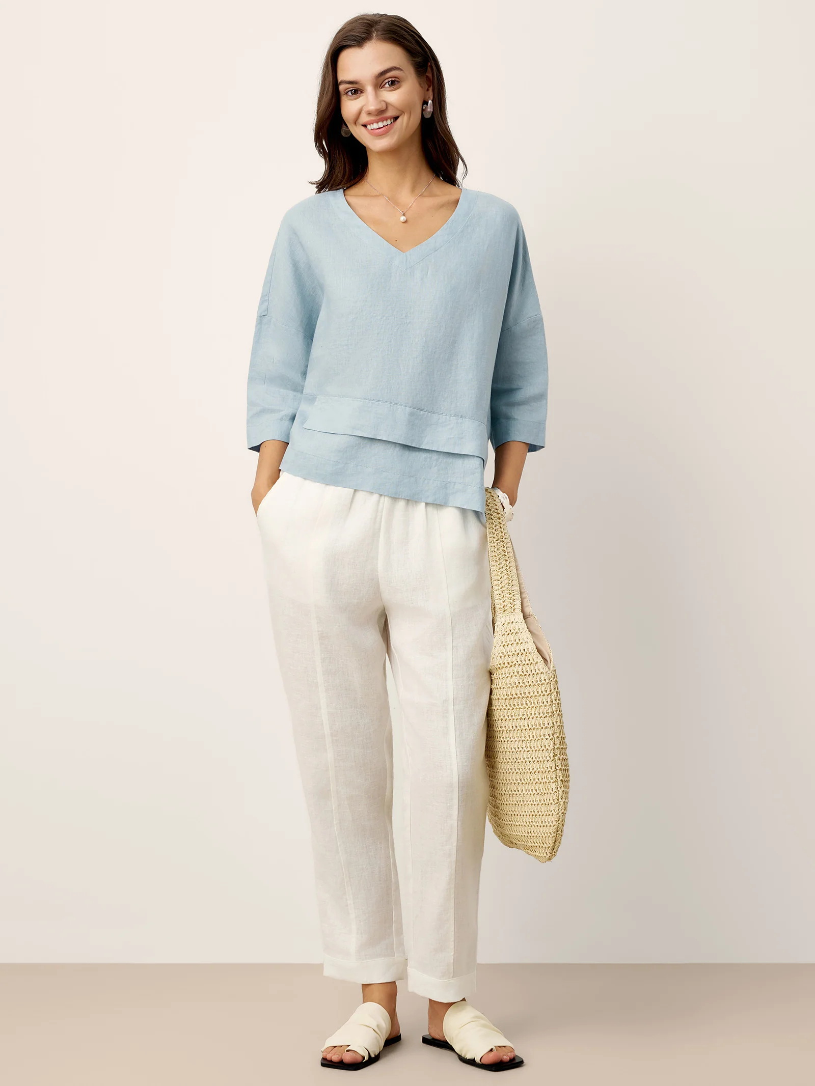 100% Linen Drop Shoulder Asymmetric Layered Hem Overtop VIOLA - Image 11
