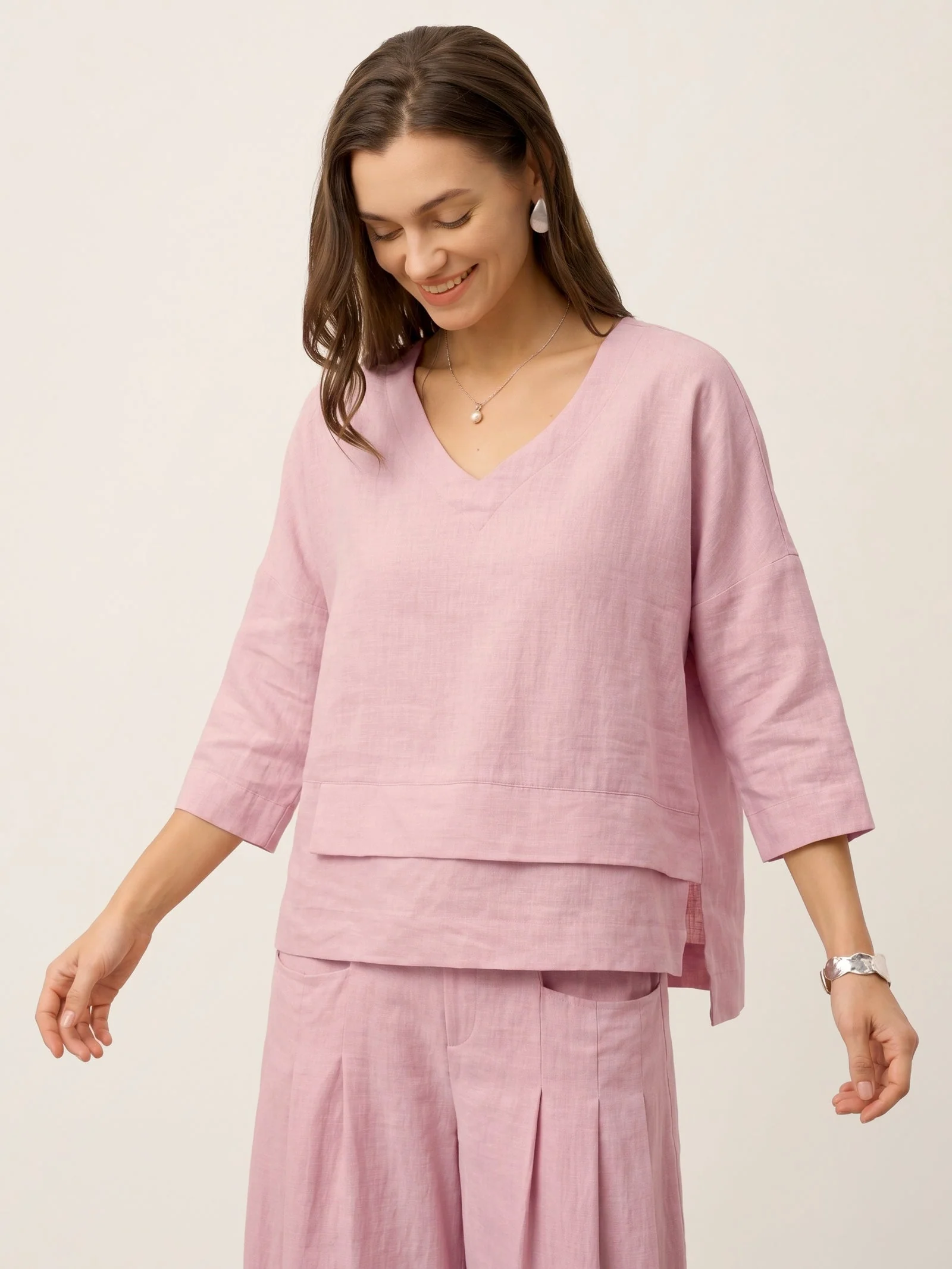 100% Linen Drop Shoulder Asymmetric Layered Hem Overtop VIOLA - Image 44